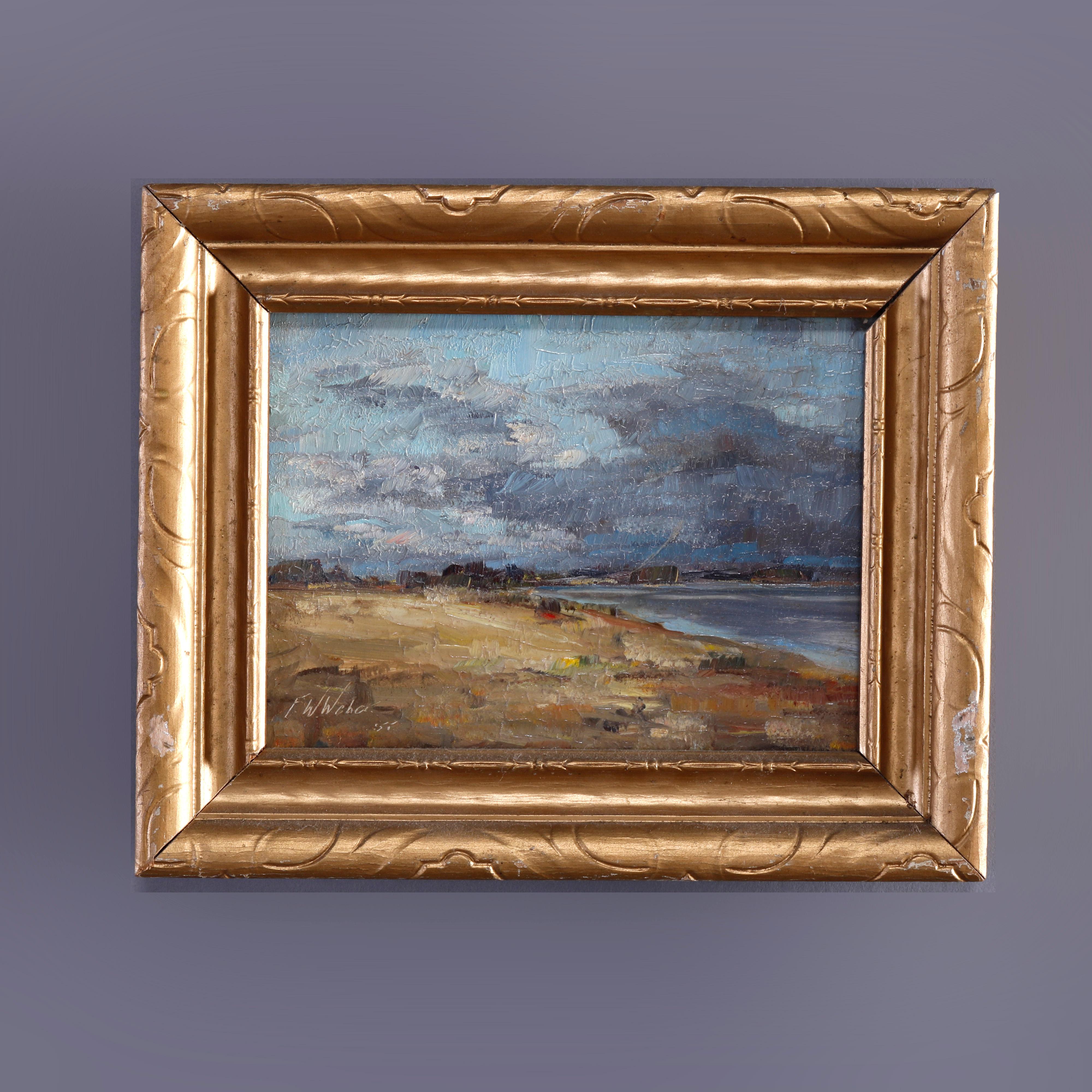 A vintage seascape painting by F. Weber offers oil on board coastal scene, artist signed lower left, seated in giltwood frame, c1957

Measures - overall 8''h x 9.75''w x 1''d; sight 7.5'' x 5.5''.