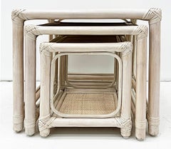 Vintage Coastal Set of 3 Rattan and Cane Nesting Tables
