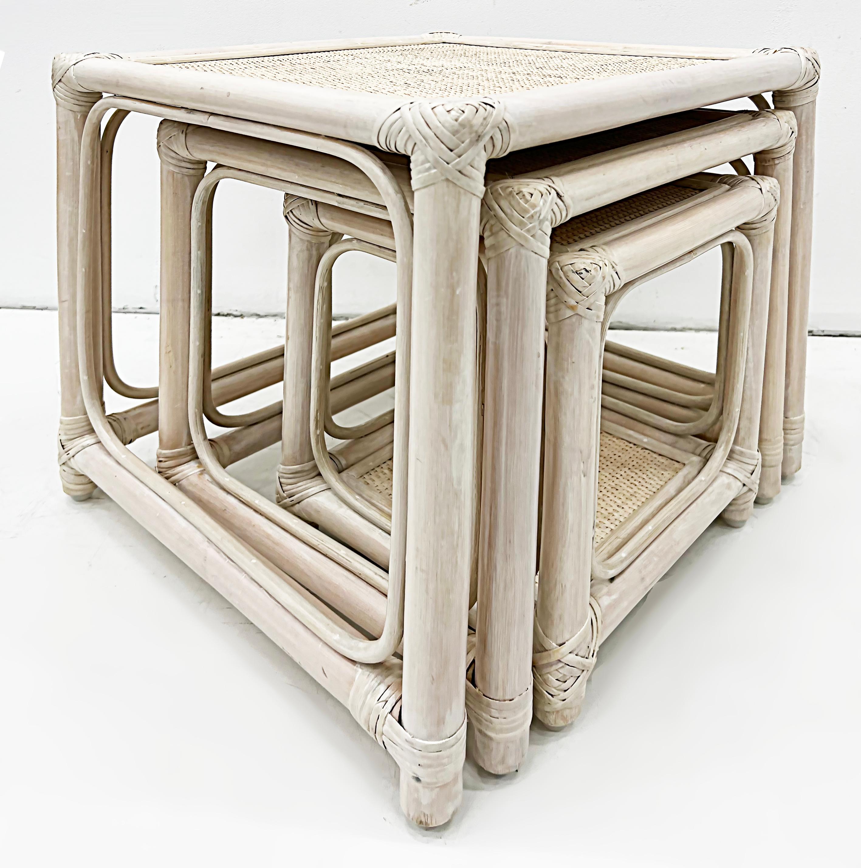 Limed Vintage Coastal Set of 3 Rattan and Cane Nesting Tables For Sale