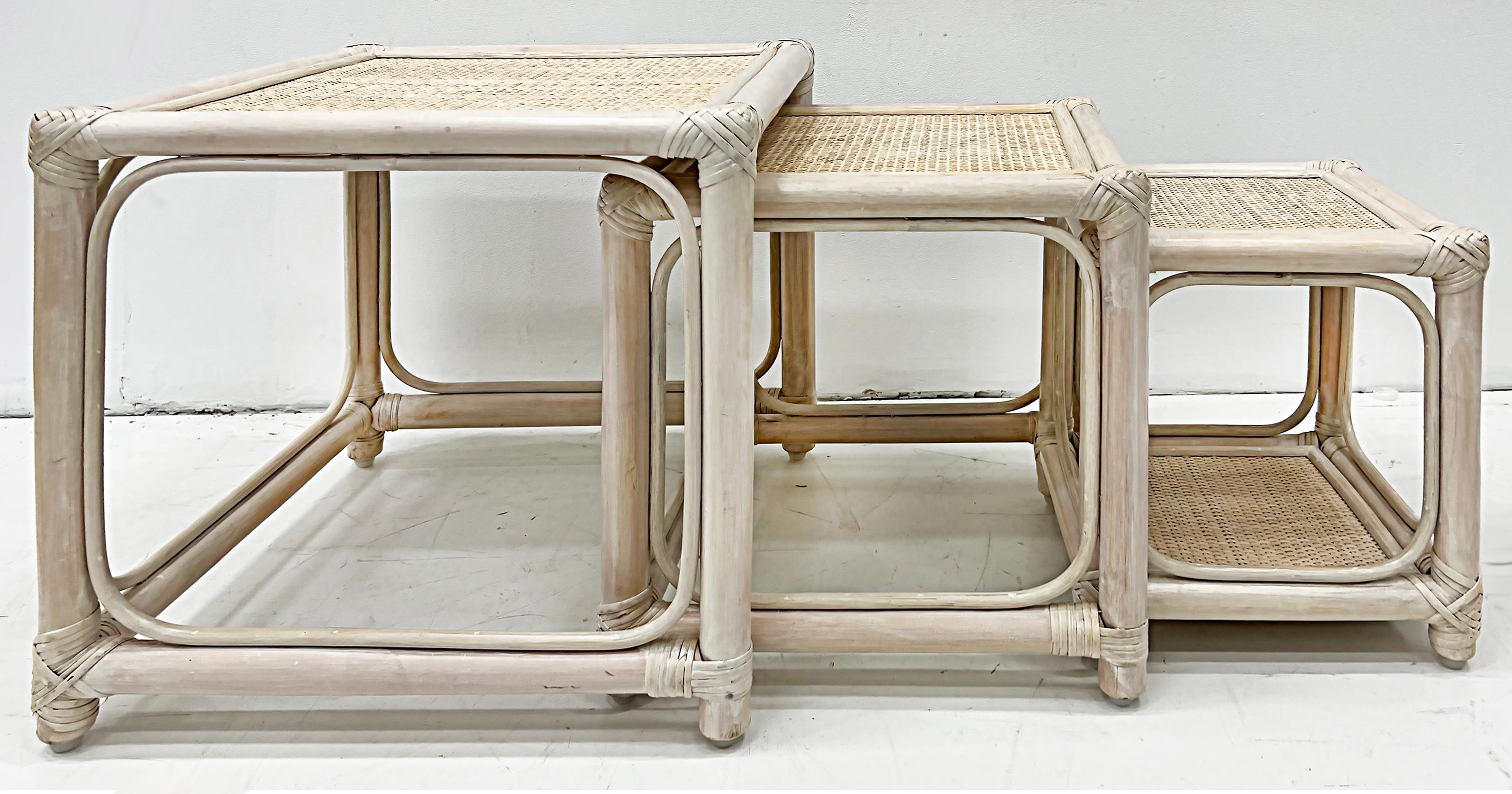 20th Century Vintage Coastal Set of 3 Rattan and Cane Nesting Tables For Sale