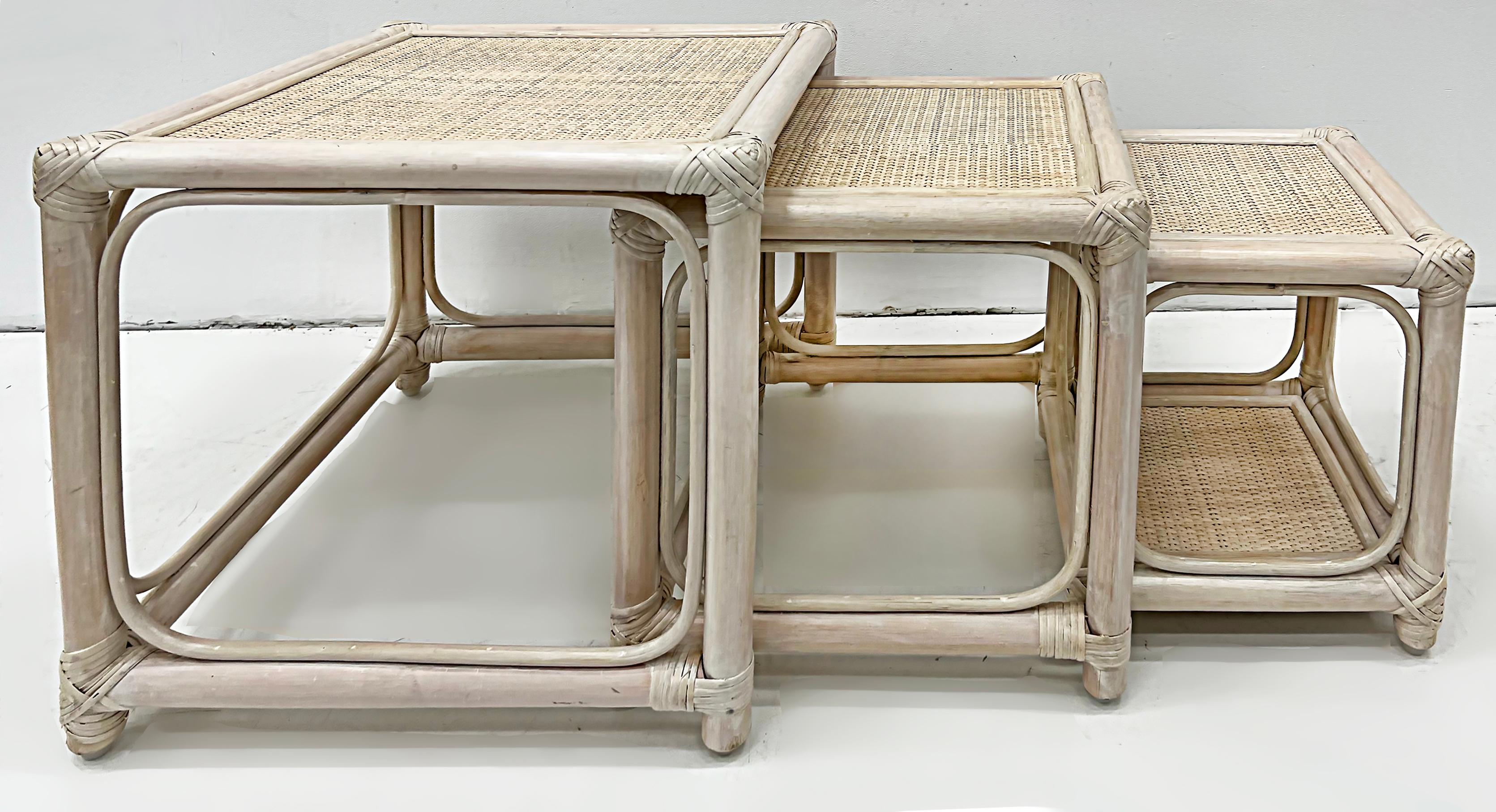 Wicker Vintage Coastal Set of 3 Rattan and Cane Nesting Tables For Sale