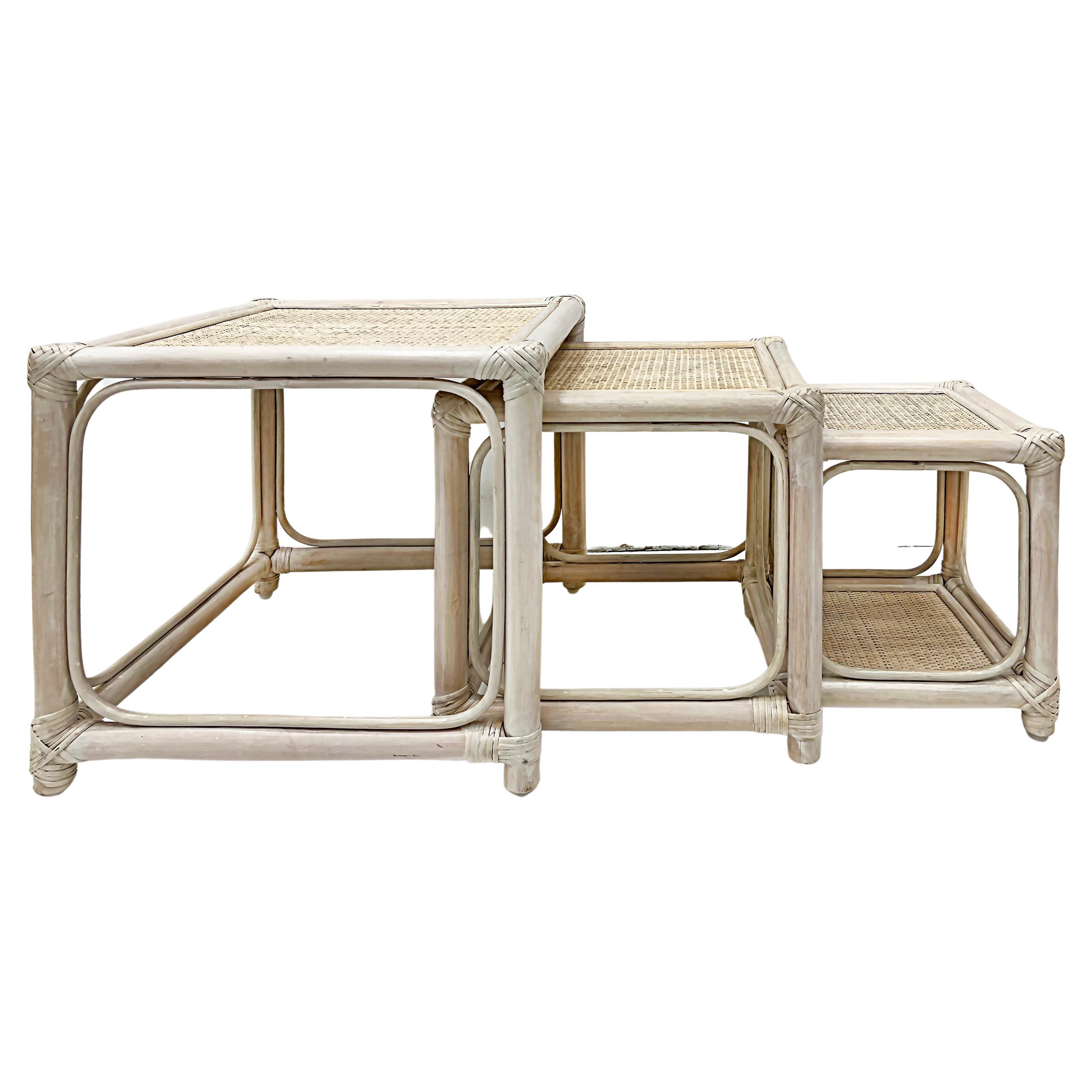 Vintage Coastal Set of 3 Rattan and Cane Nesting Tables For Sale