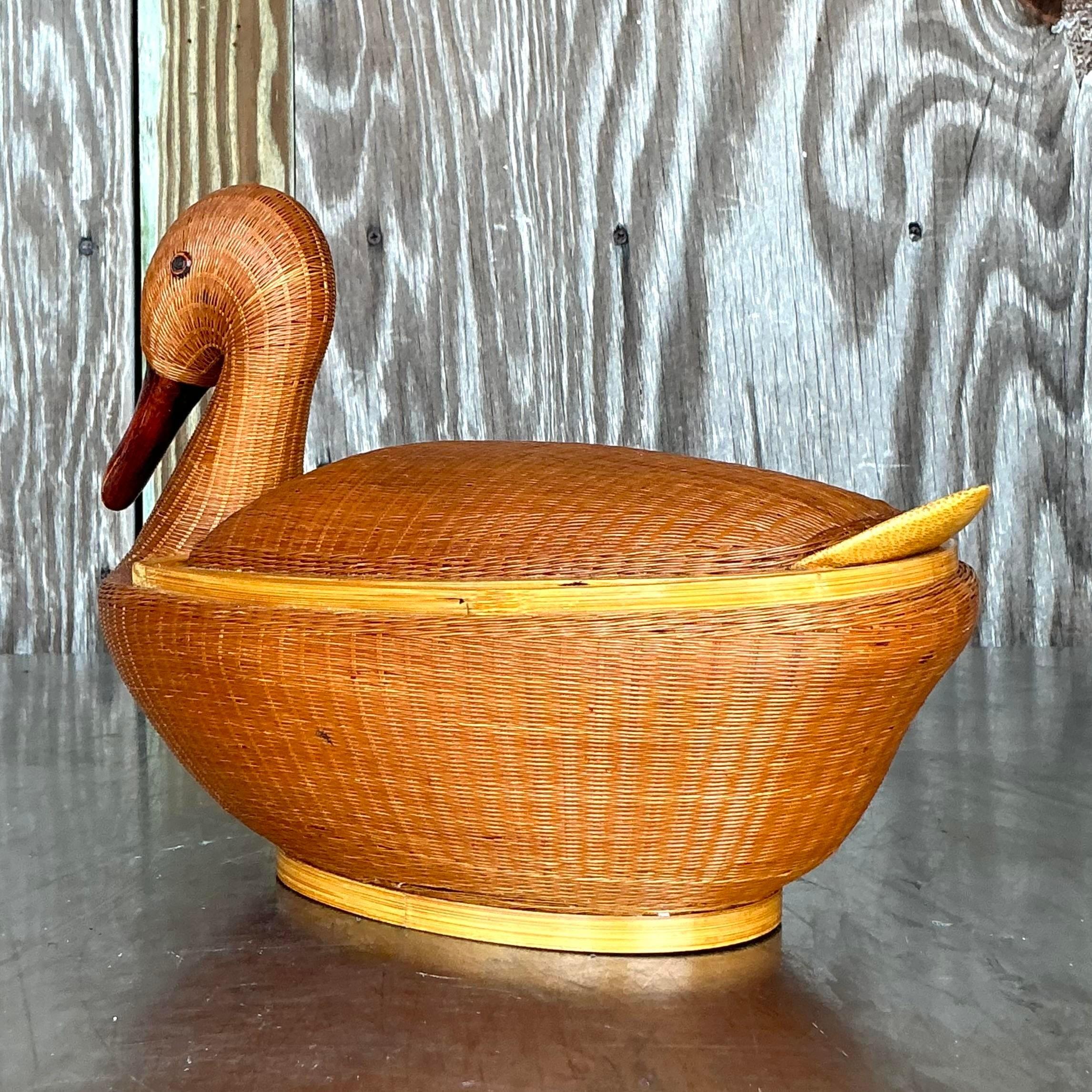 Chinese Vintage Coastal Shanghai Weave Lidded Duck Basket
