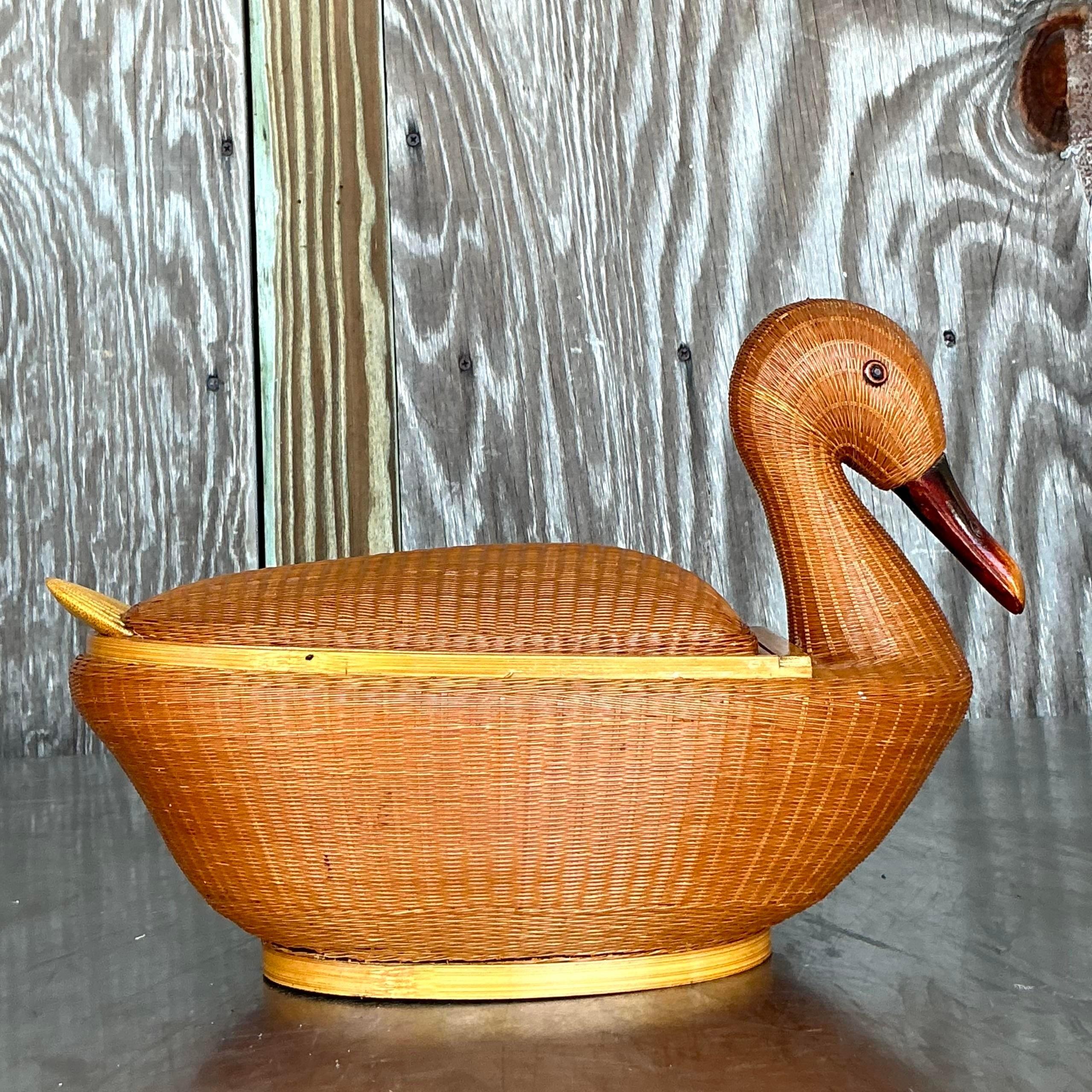 20th Century Vintage Coastal Shanghai Weave Lidded Duck Basket