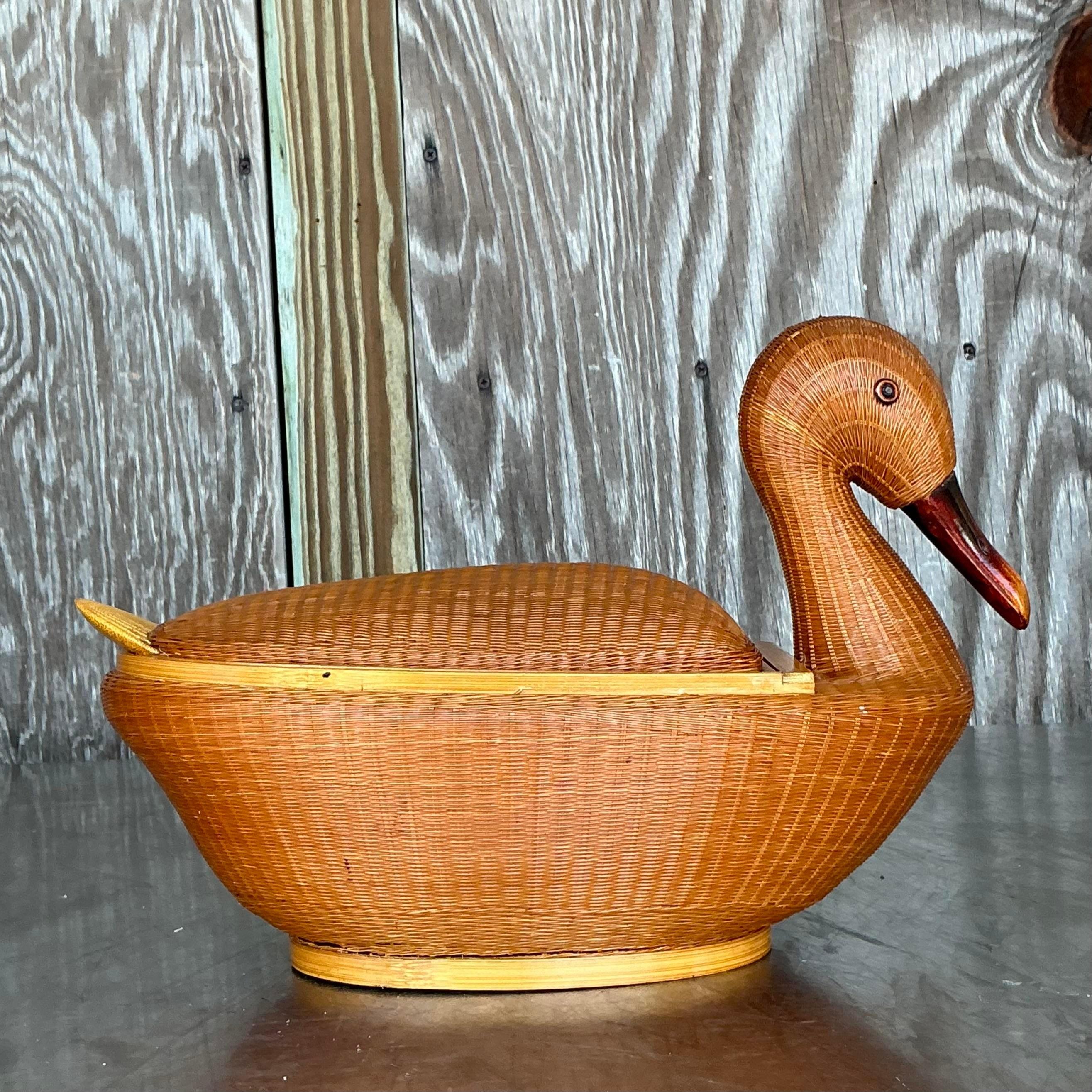 Wicker Vintage Coastal Shanghai Weave Lidded Duck Basket