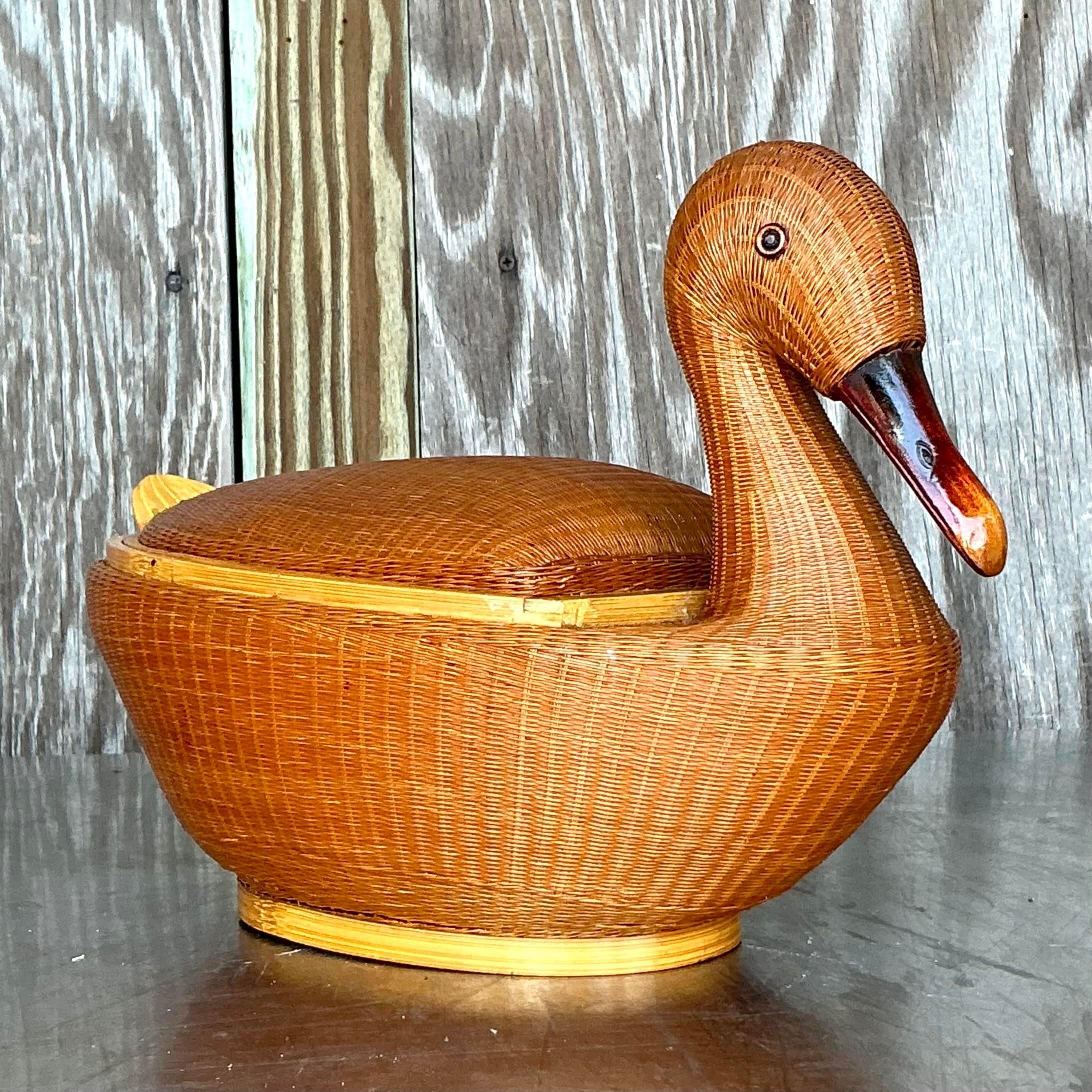 Vintage Coastal Shanghai Weave Lidded Duck Basket 1