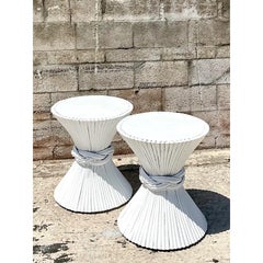 Vintage Coastal Sheath of Wheat Rattan Side Tables After McGuire