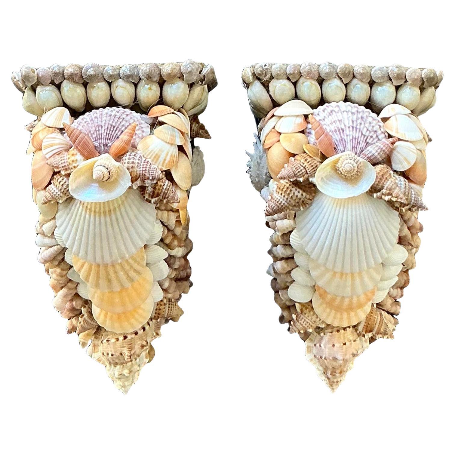 Vintage Coastal Shell Encrusted Brackets - A Pair