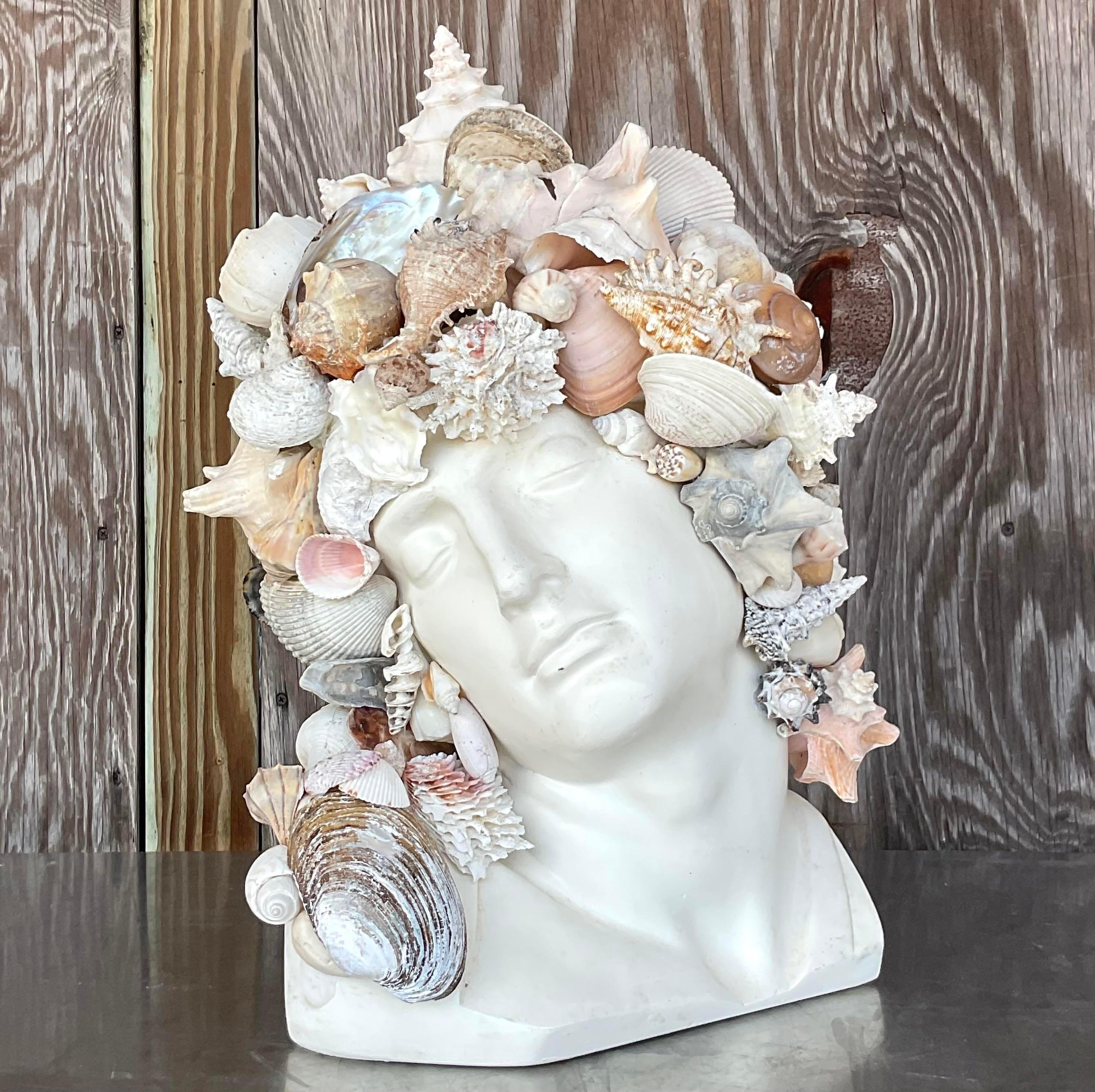Vintage Coastal Shell Encrusted Bust In Good Condition For Sale In west palm beach, FL
