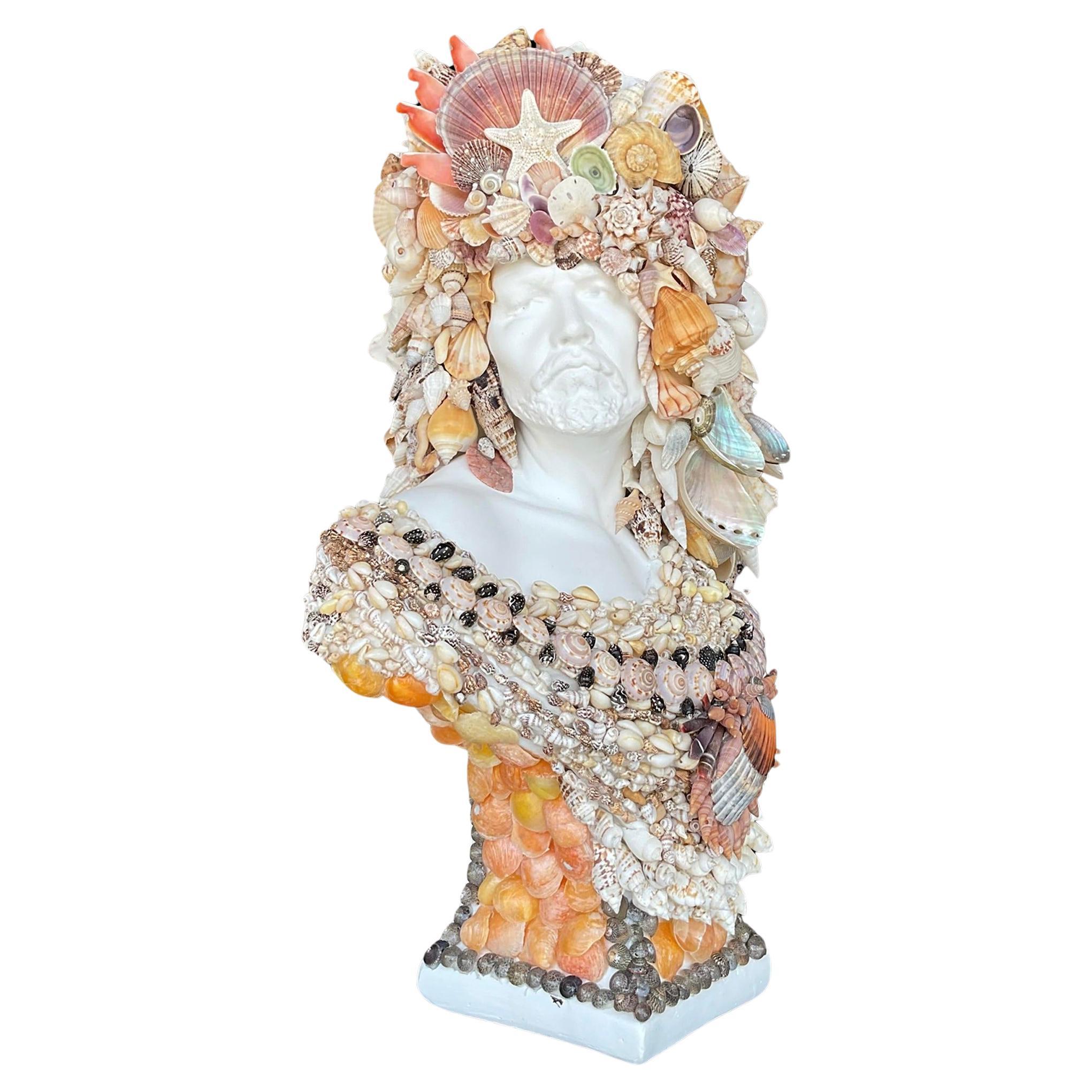 Vintage Coastal Shell Encrusted Bust of Man