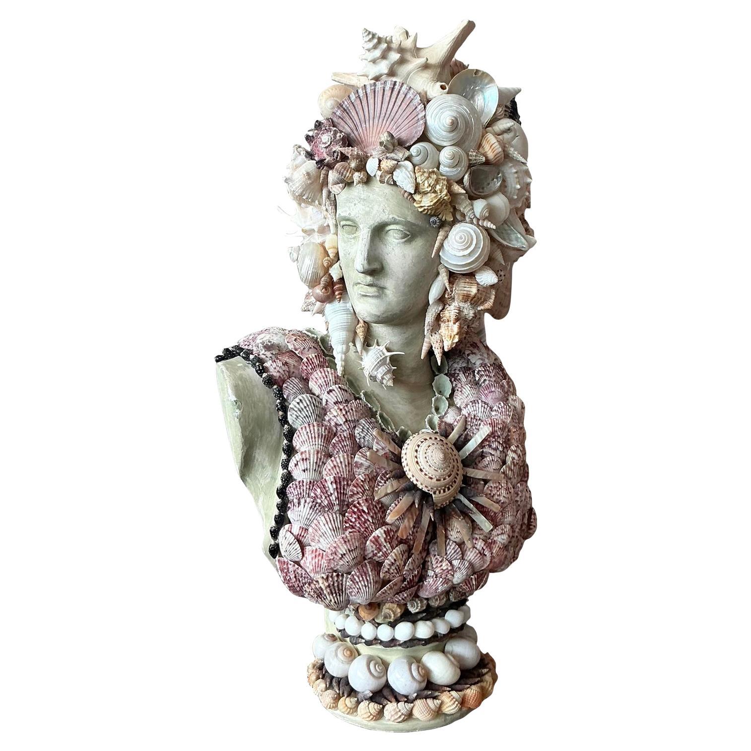 Vintage Coastal Shell Encrusted Bust of Woman