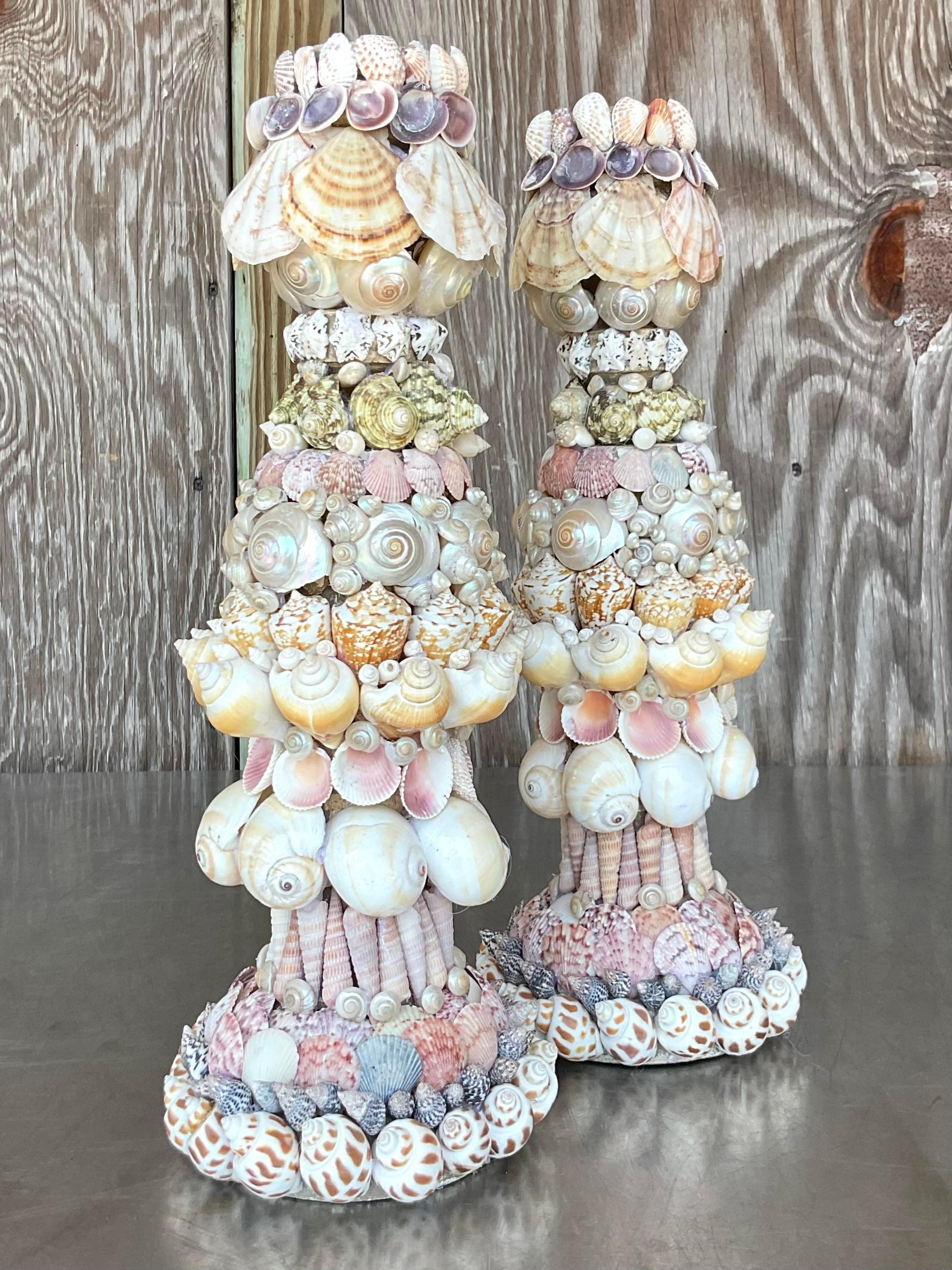 American Vintage Coastal Shell Encrusted Candlesticks - a Pair For Sale