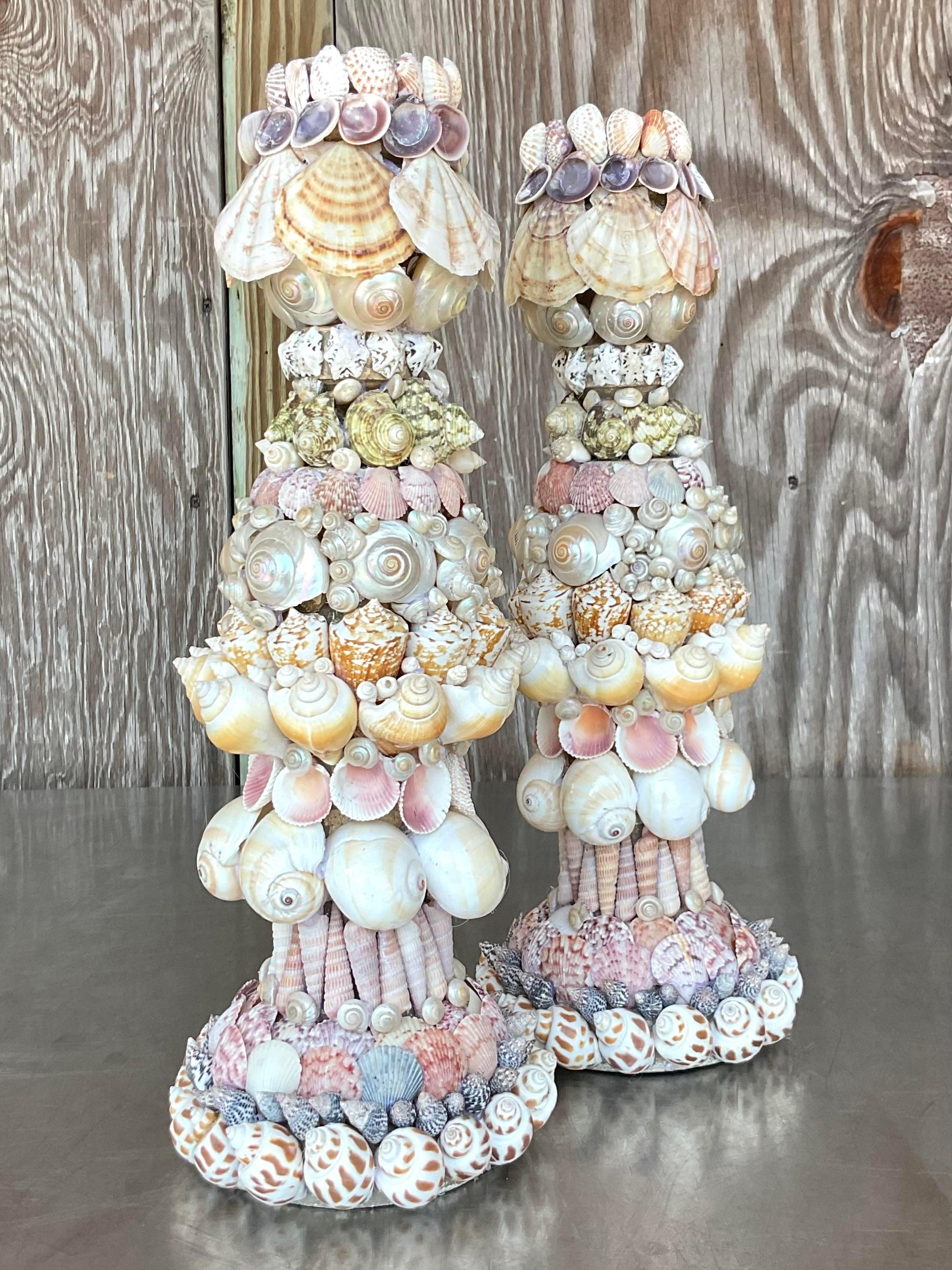 Vintage Coastal Shell Encrusted Candlesticks - a Pair In Good Condition For Sale In west palm beach, FL