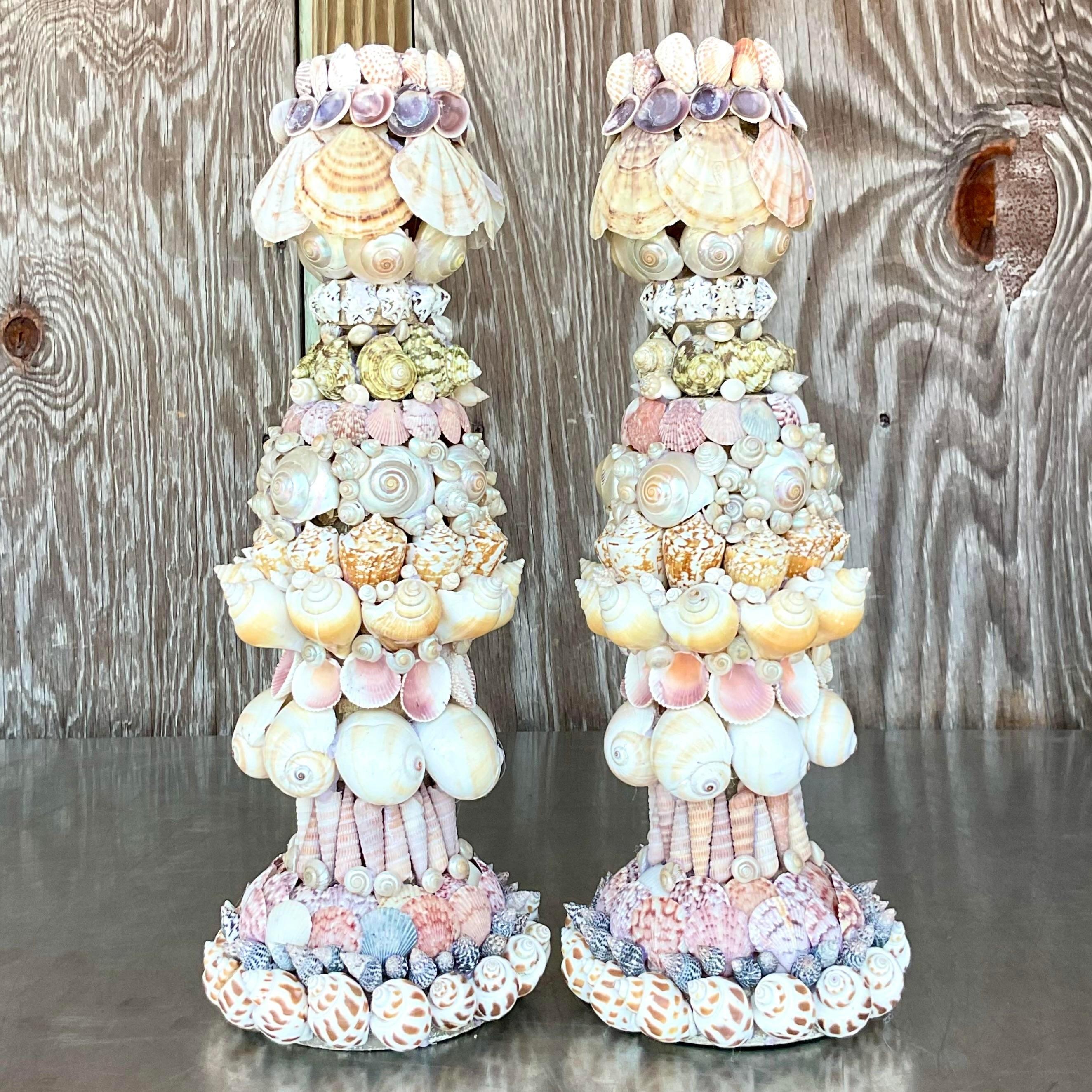 20th Century Vintage Coastal Shell Encrusted Candlesticks - a Pair For Sale