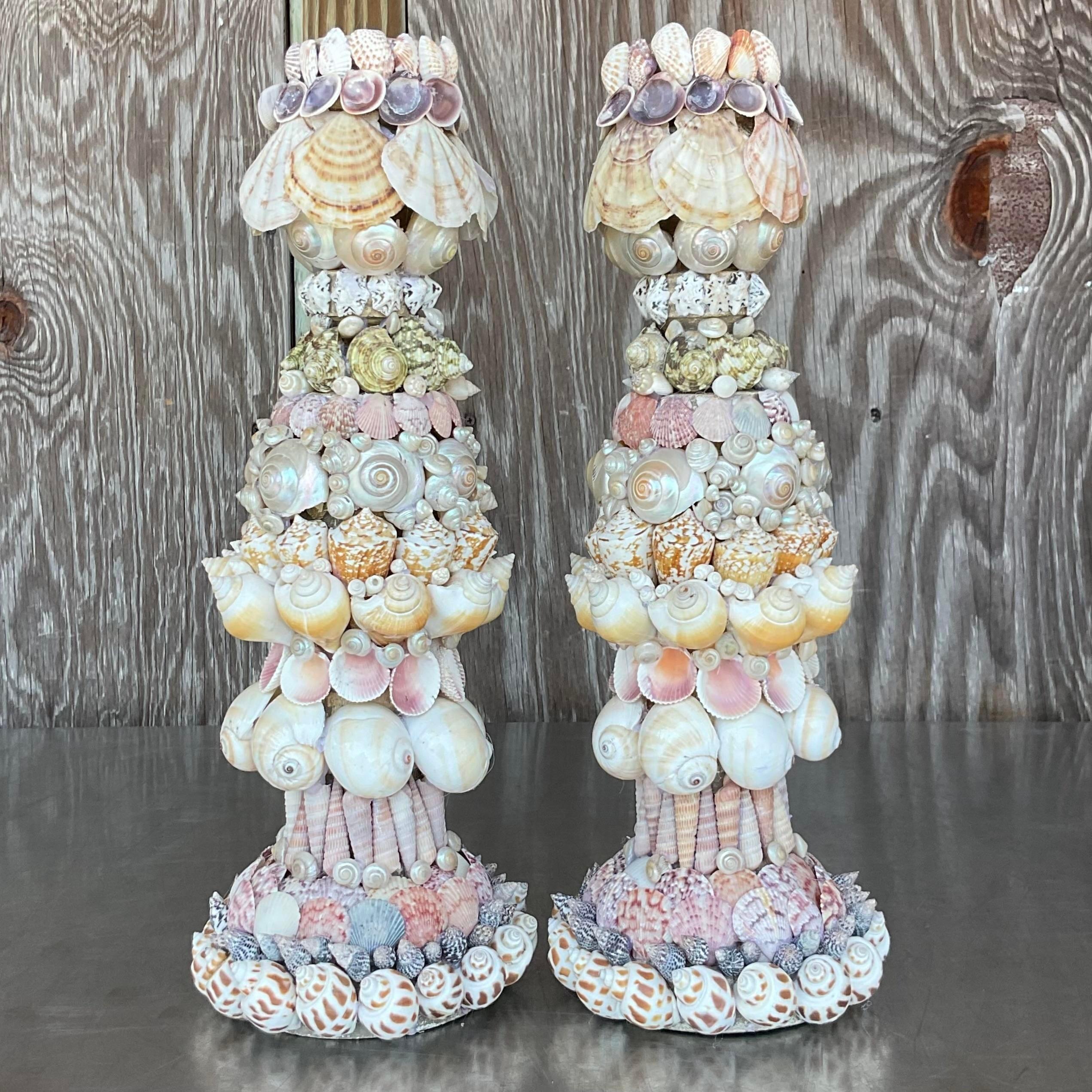 Vintage Coastal Shell Encrusted Candlesticks - a Pair For Sale 1
