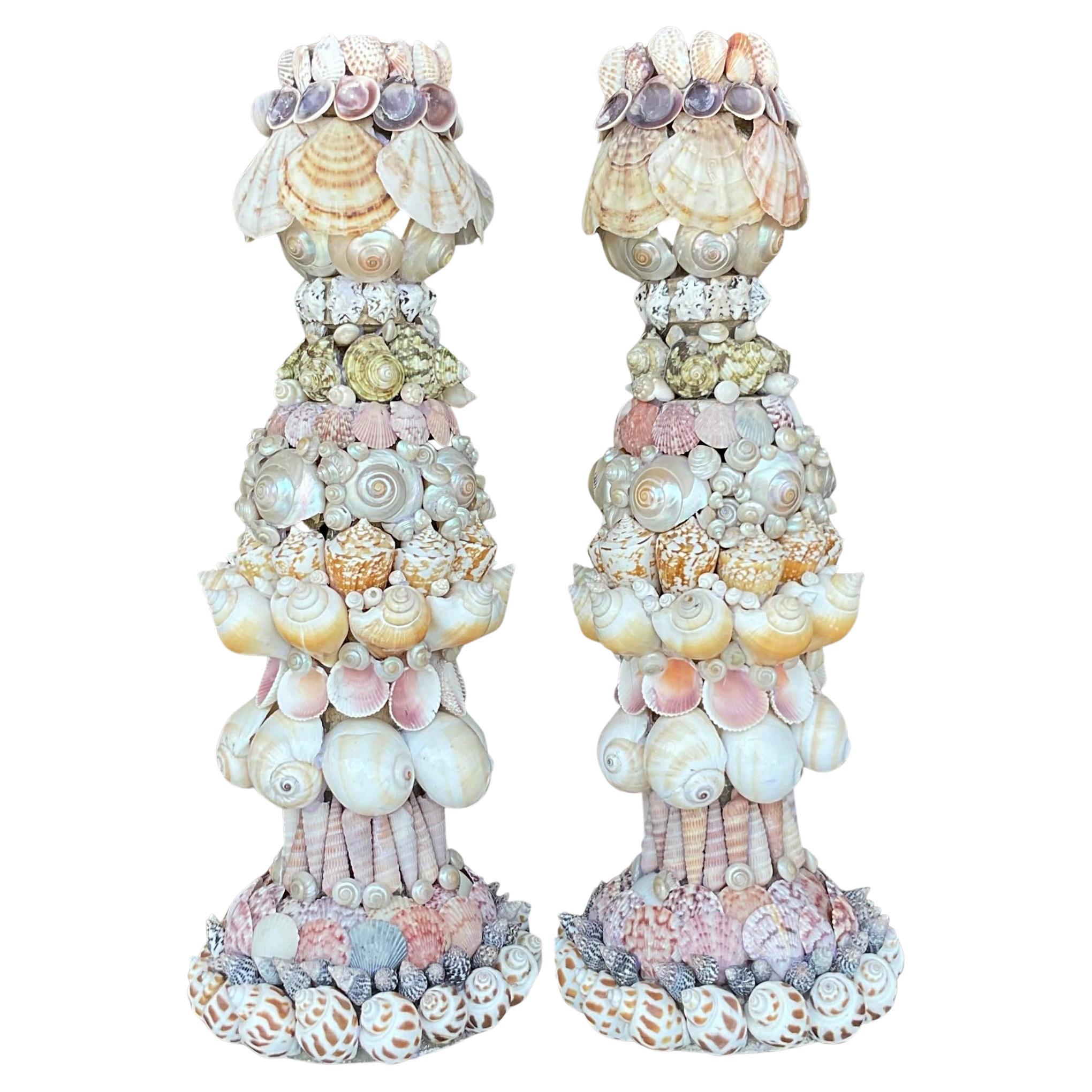 Vintage Coastal Shell Encrusted Candlesticks - a Pair For Sale