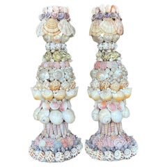Used Coastal Shell Encrusted Candlesticks - a Pair