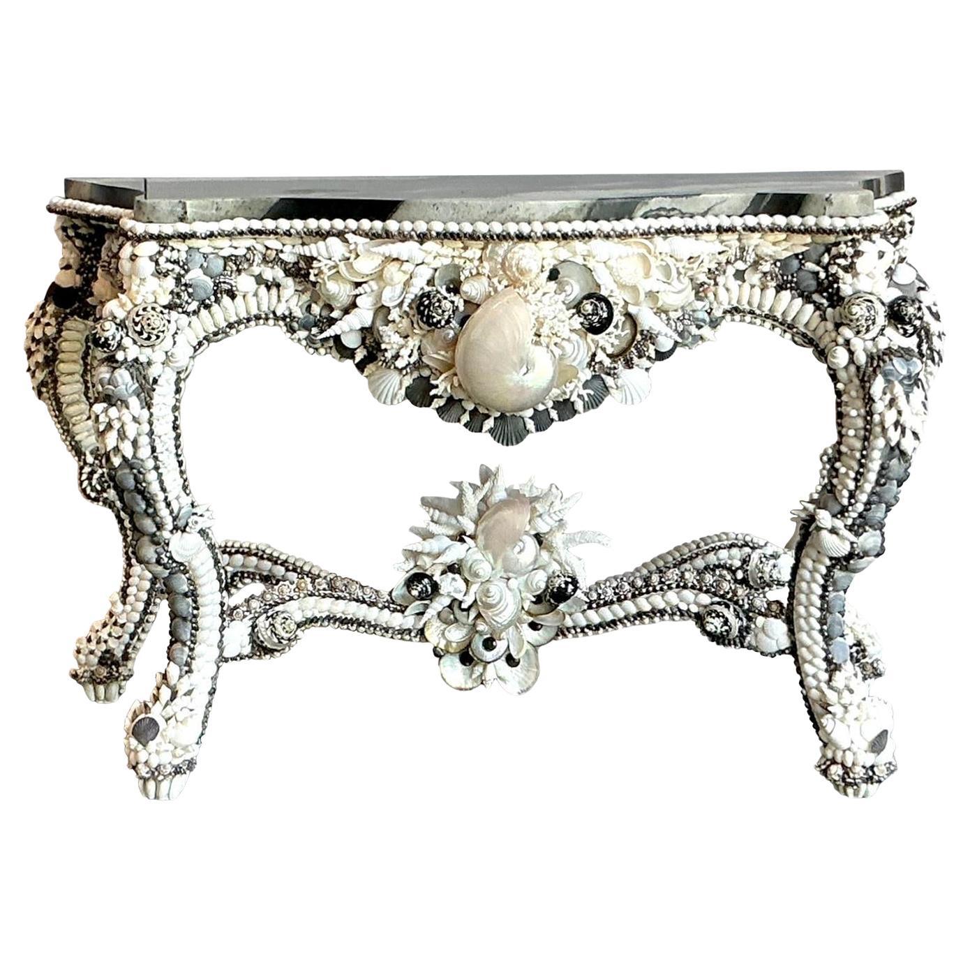 Table console vintage côtière incrustée de coquillages