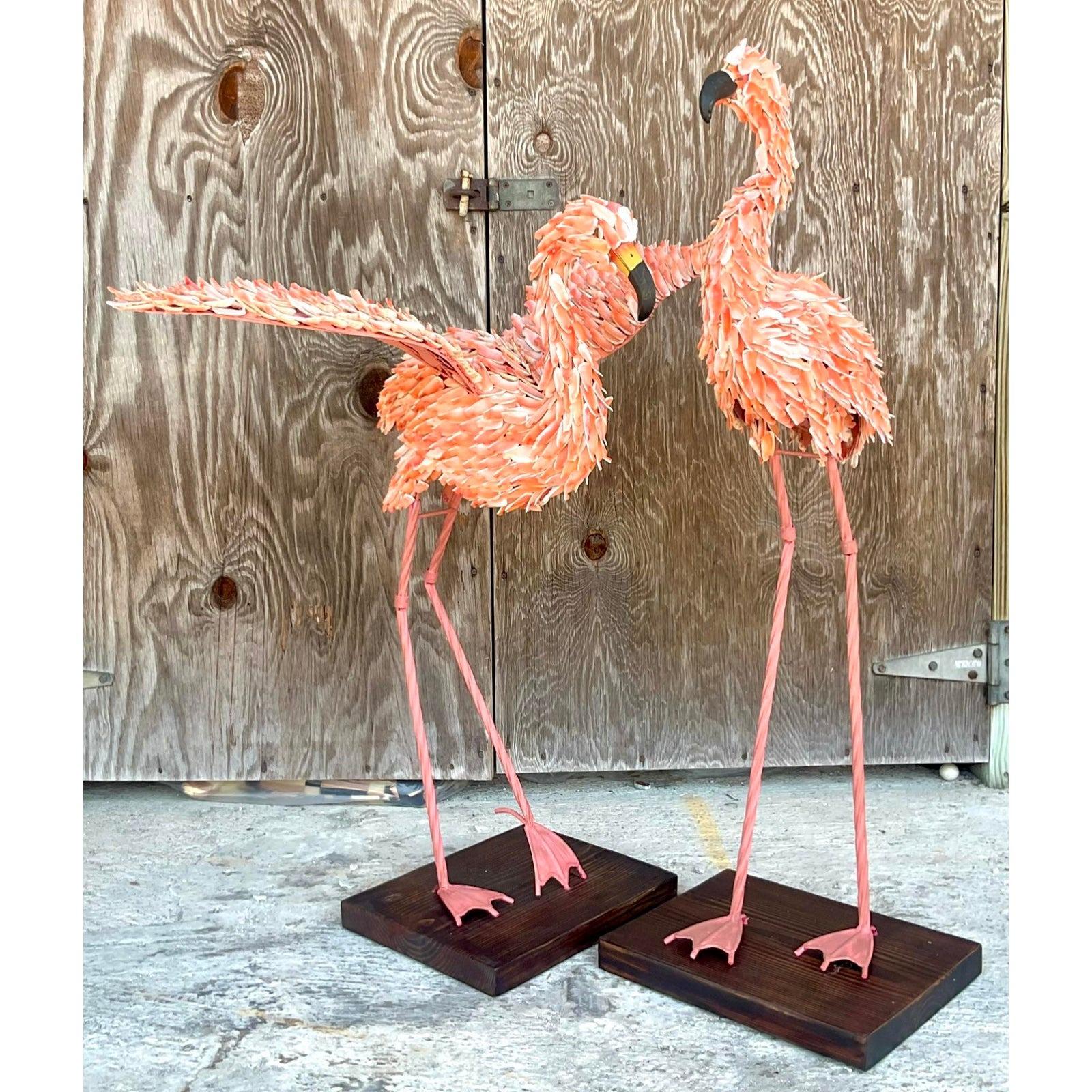North American Vintage Coastal Shell Encrusted Flamingos - a Pair