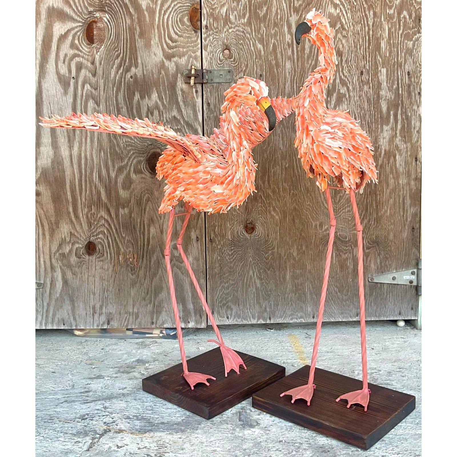 Vintage Coastal Shell Encrusted Flamingos - a Pair In Good Condition In west palm beach, FL