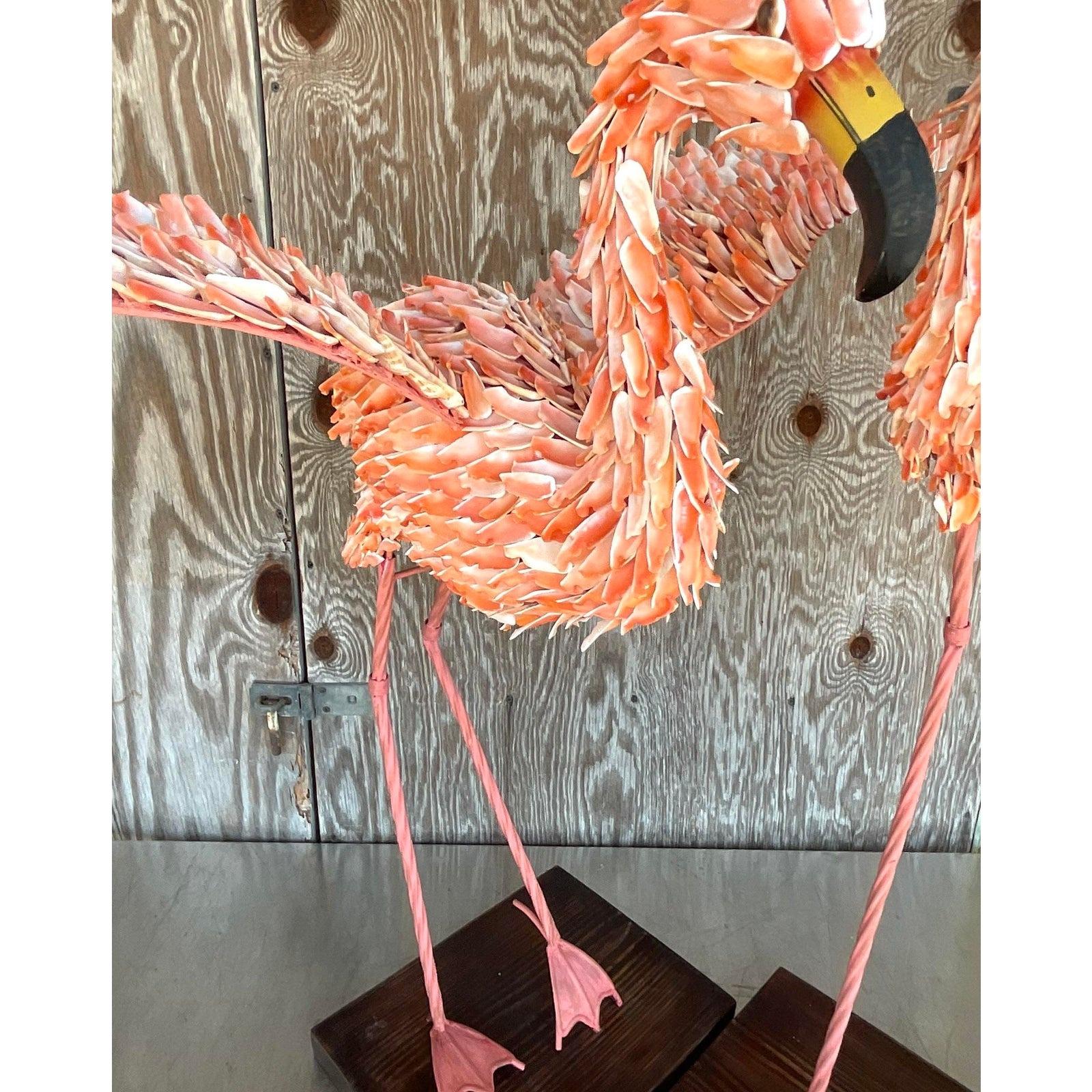 Contemporary Vintage Coastal Shell Encrusted Flamingos - a Pair