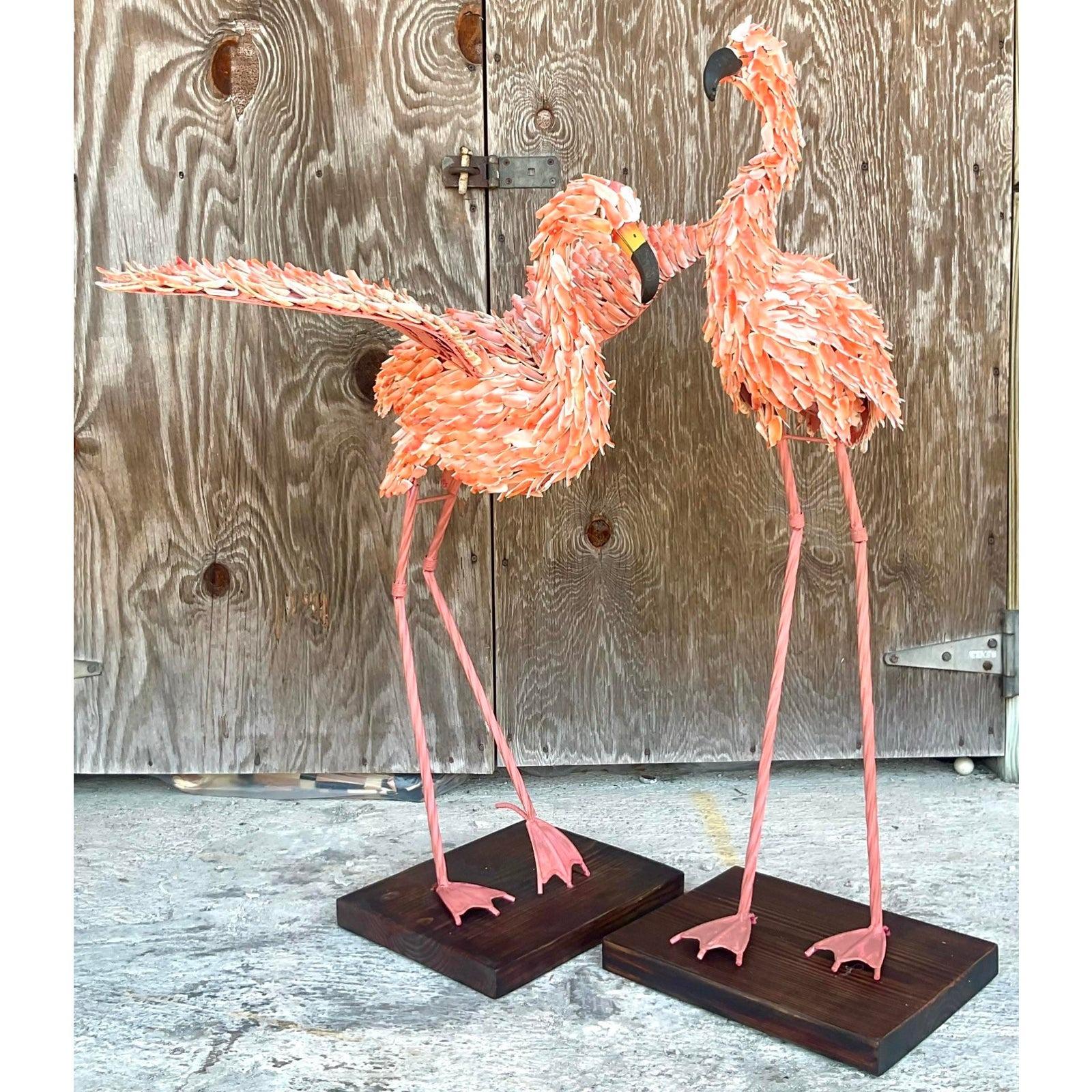 Vintage Coastal Shell Encrusted Flamingos - a Pair 1