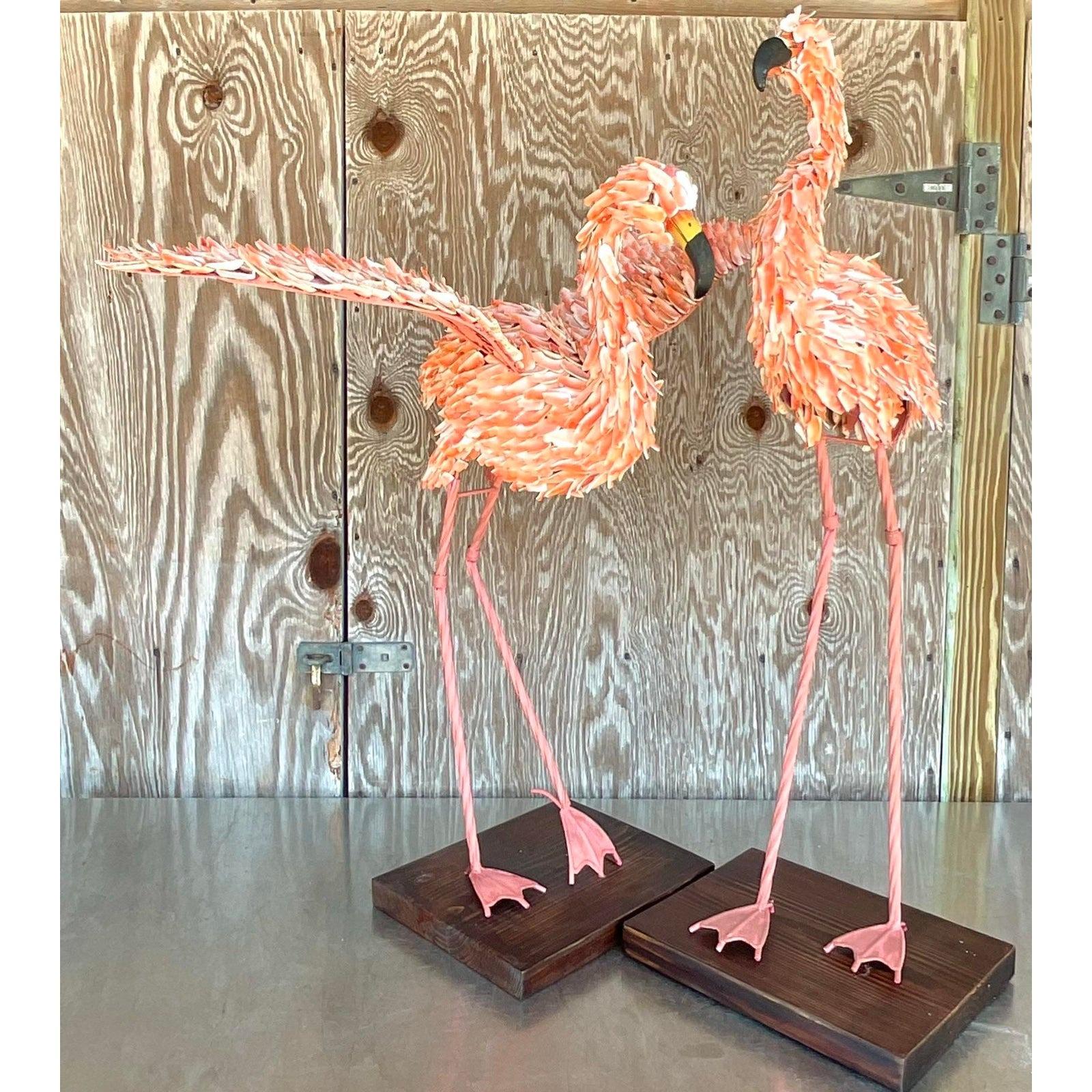 Vintage Coastal Shell Encrusted Flamingos - a Pair 2