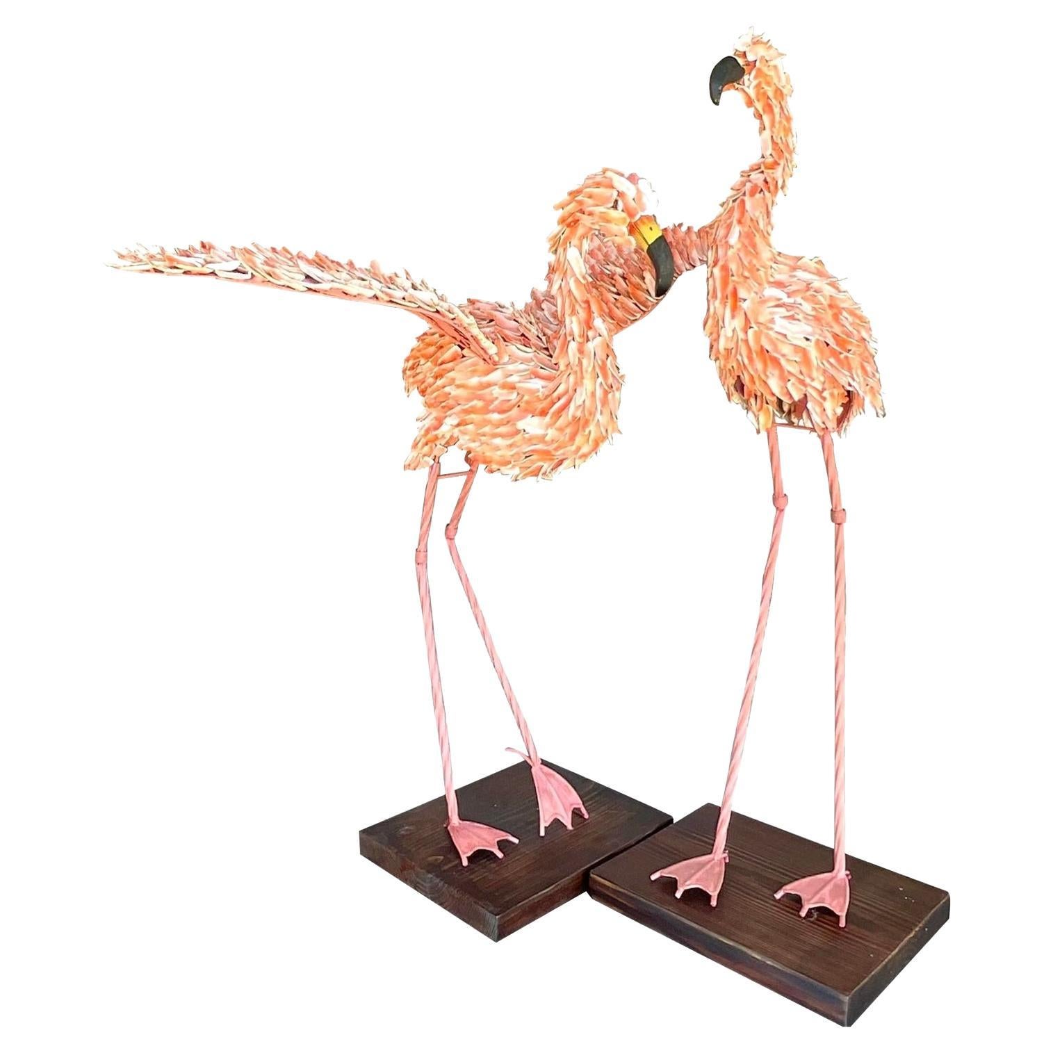Vintage Coastal Shell Encrusted Flamingos - a Pair