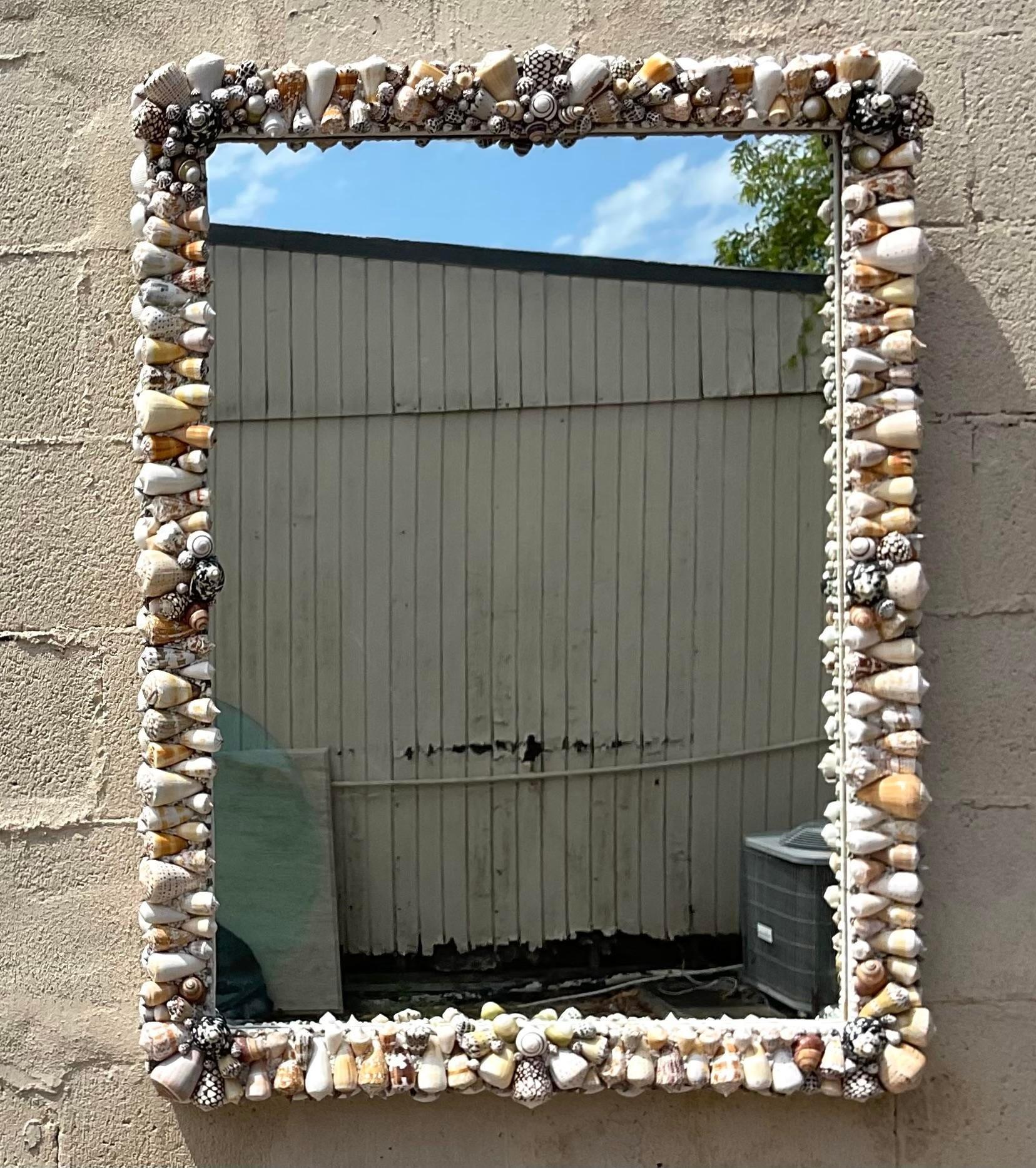 Vintage Coastal Shell Encrusted Mirror In Good Condition For Sale In west palm beach, FL