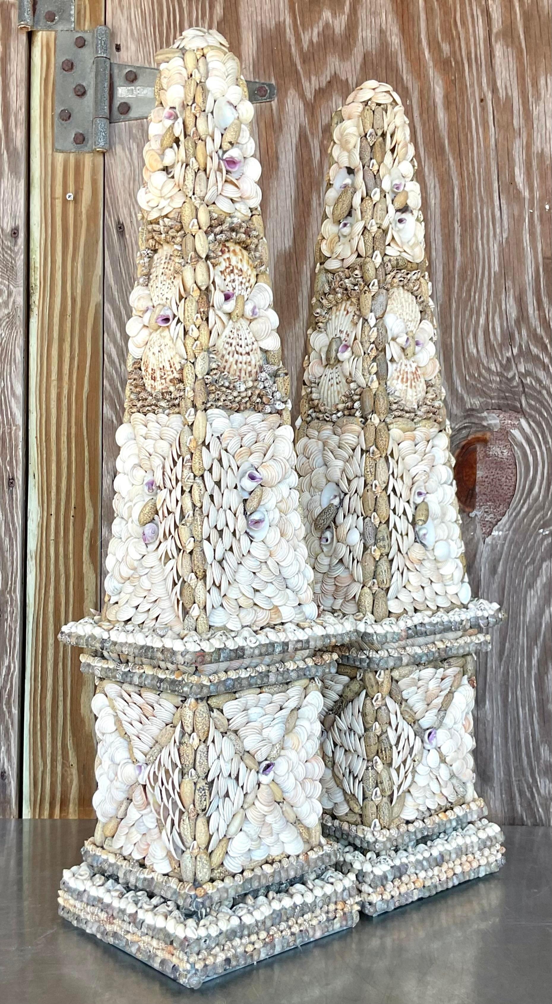 Vintage Coastal Shell Encrusted Obelisks - a Pair In Good Condition For Sale In west palm beach, FL