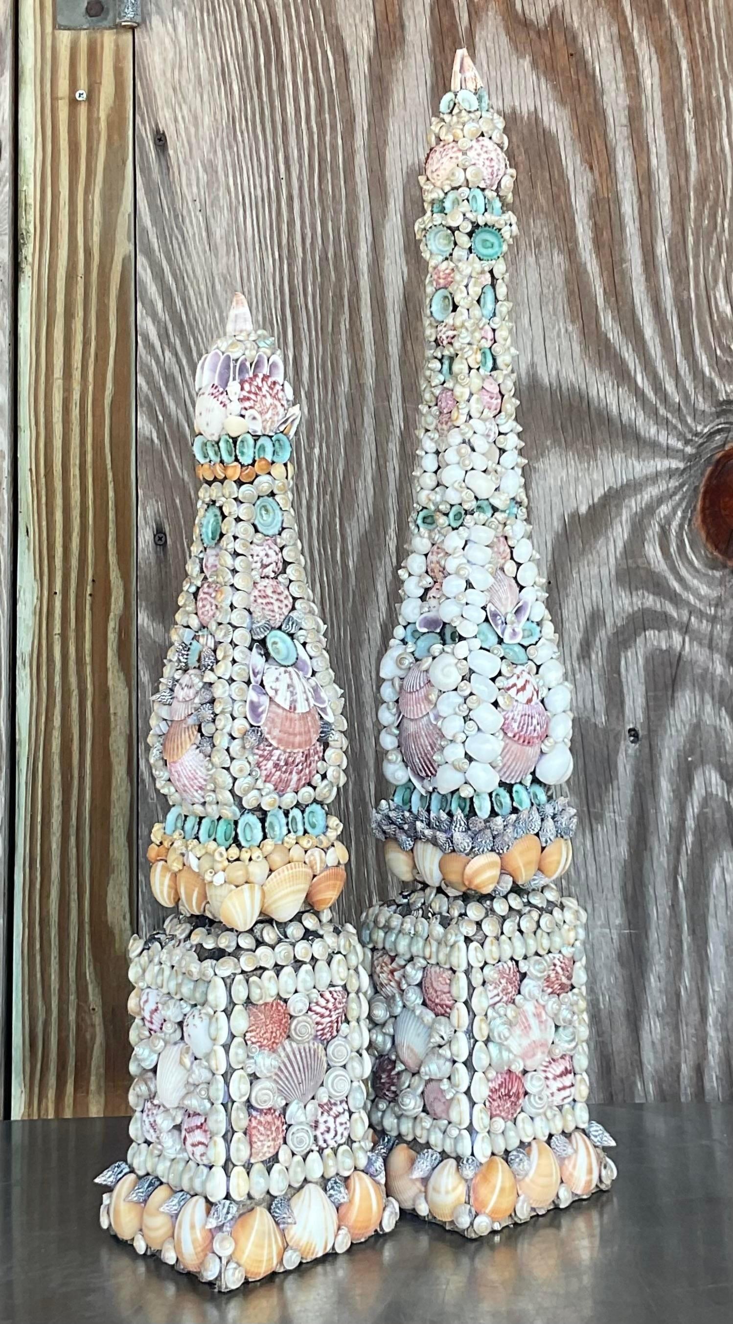 Vintage Coastal Shell Encrusted Obelisks - Set of 2 In Good Condition For Sale In west palm beach, FL