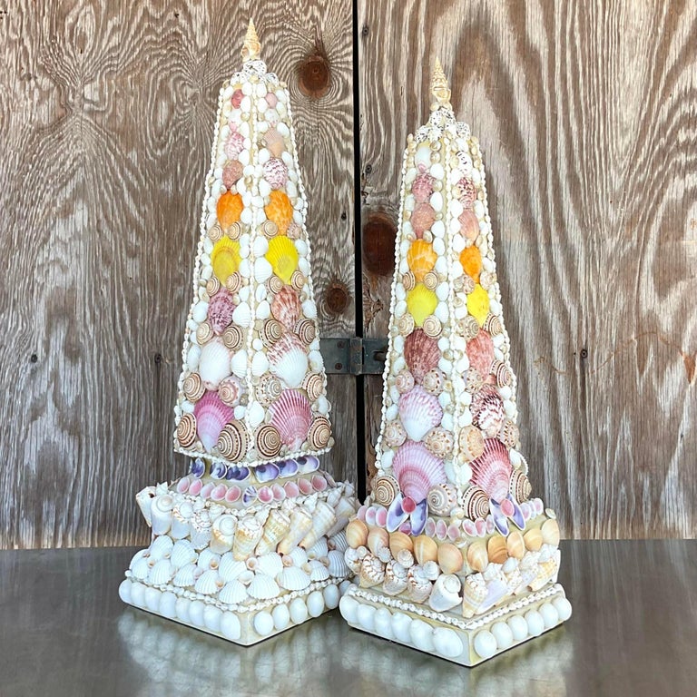 Vintage Coastal Shell Encrusted Obelisks, Set of 2 For Sale at 1stDibs