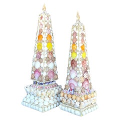 Vintage Coastal Shell Encrusted Obelisks, Set of 2