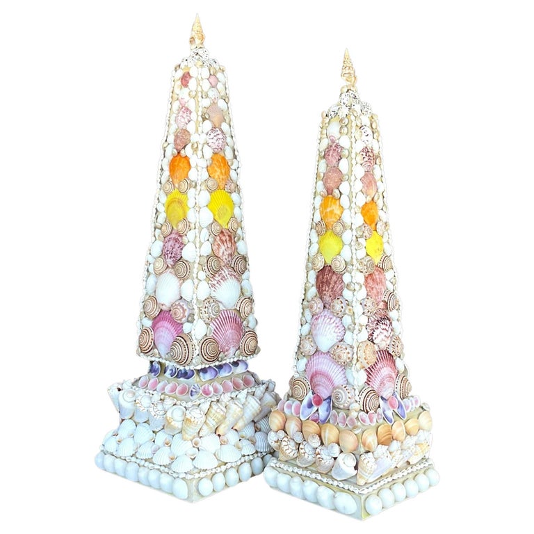 Vintage Coastal Shell Encrusted Obelisks, Set of 2 For Sale at 1stDibs