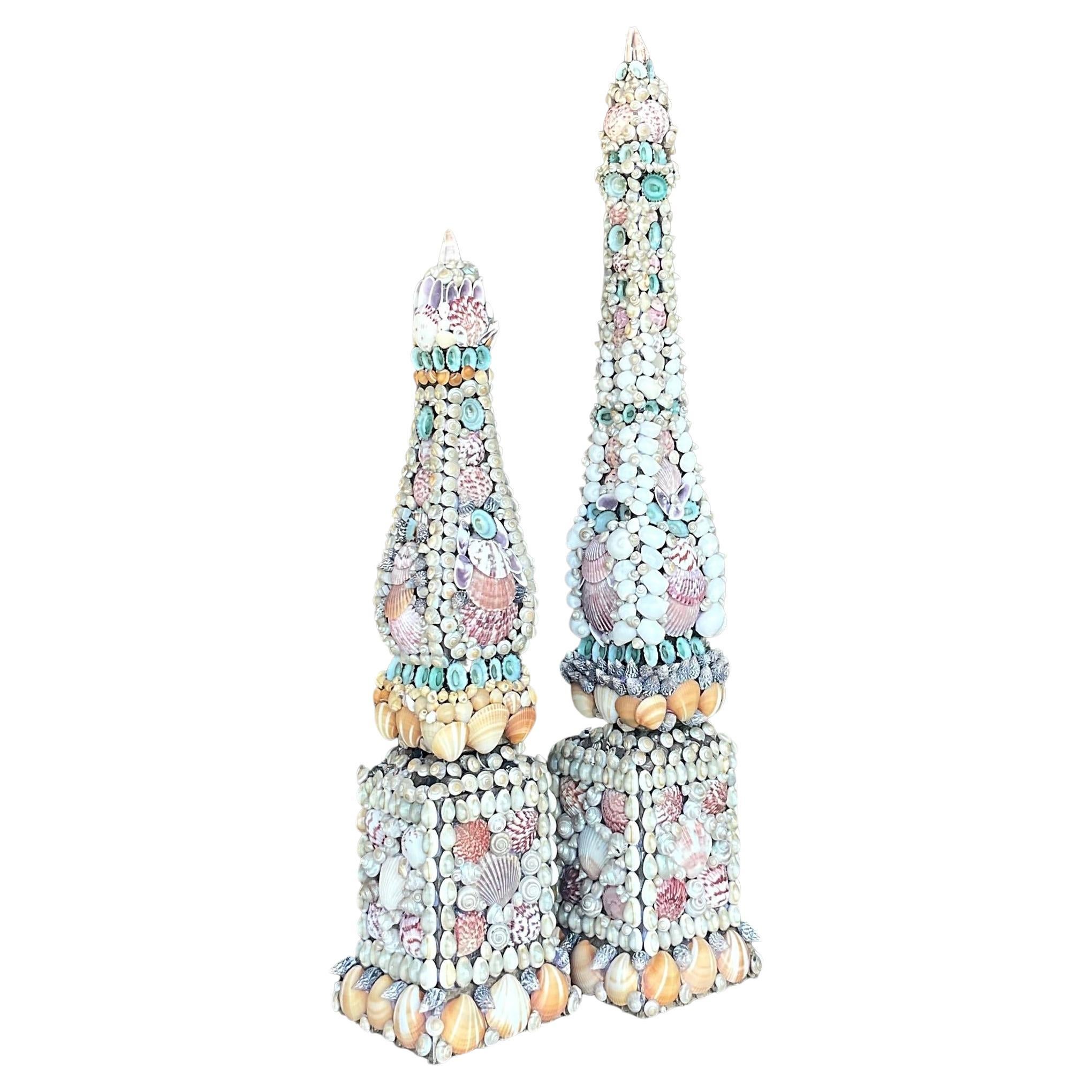 Vintage Coastal Shell Encrusted Obelisks - Set of 2 For Sale