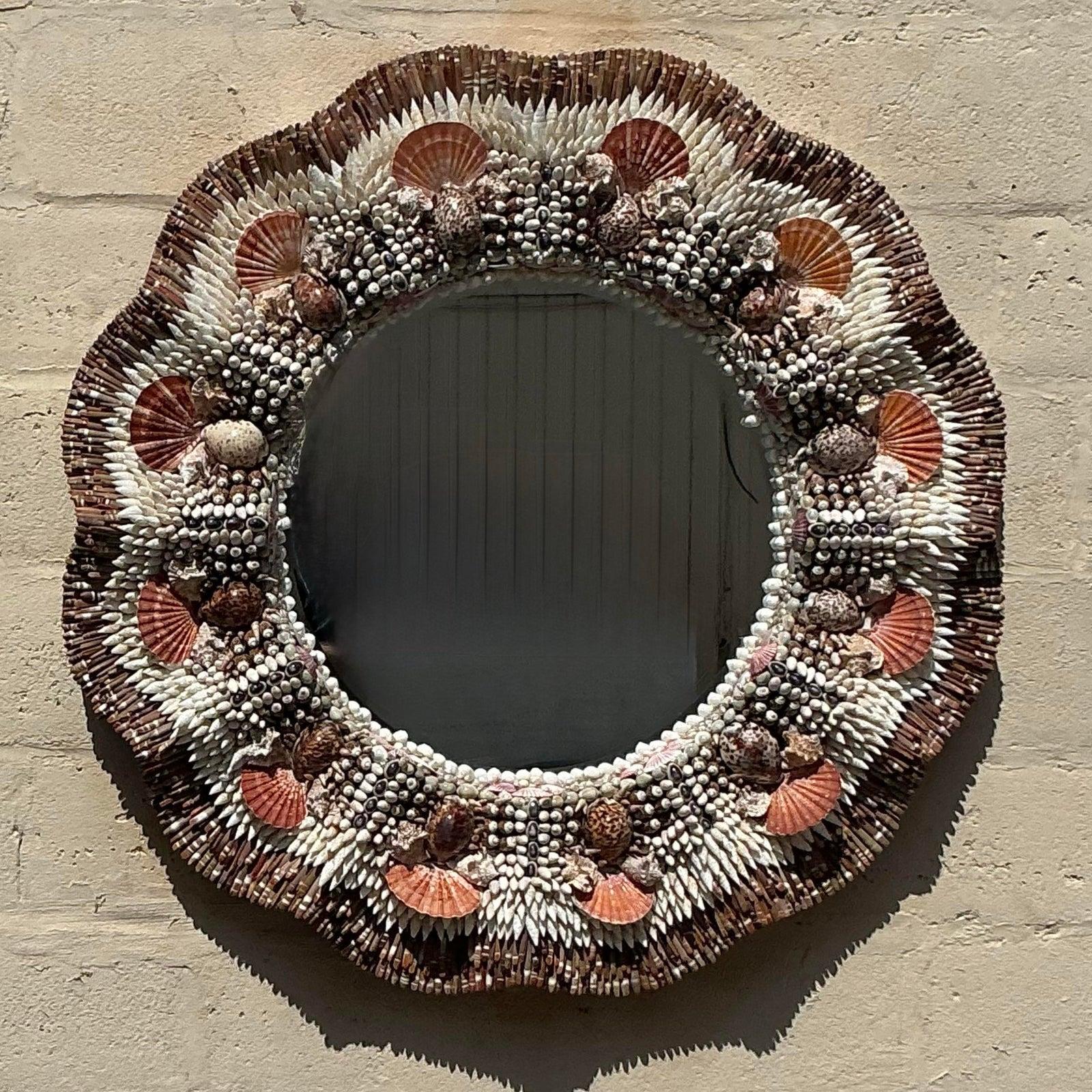 Vintage Coastal Shell Encrusted Ruffle Mirror For Sale at 1stDibs