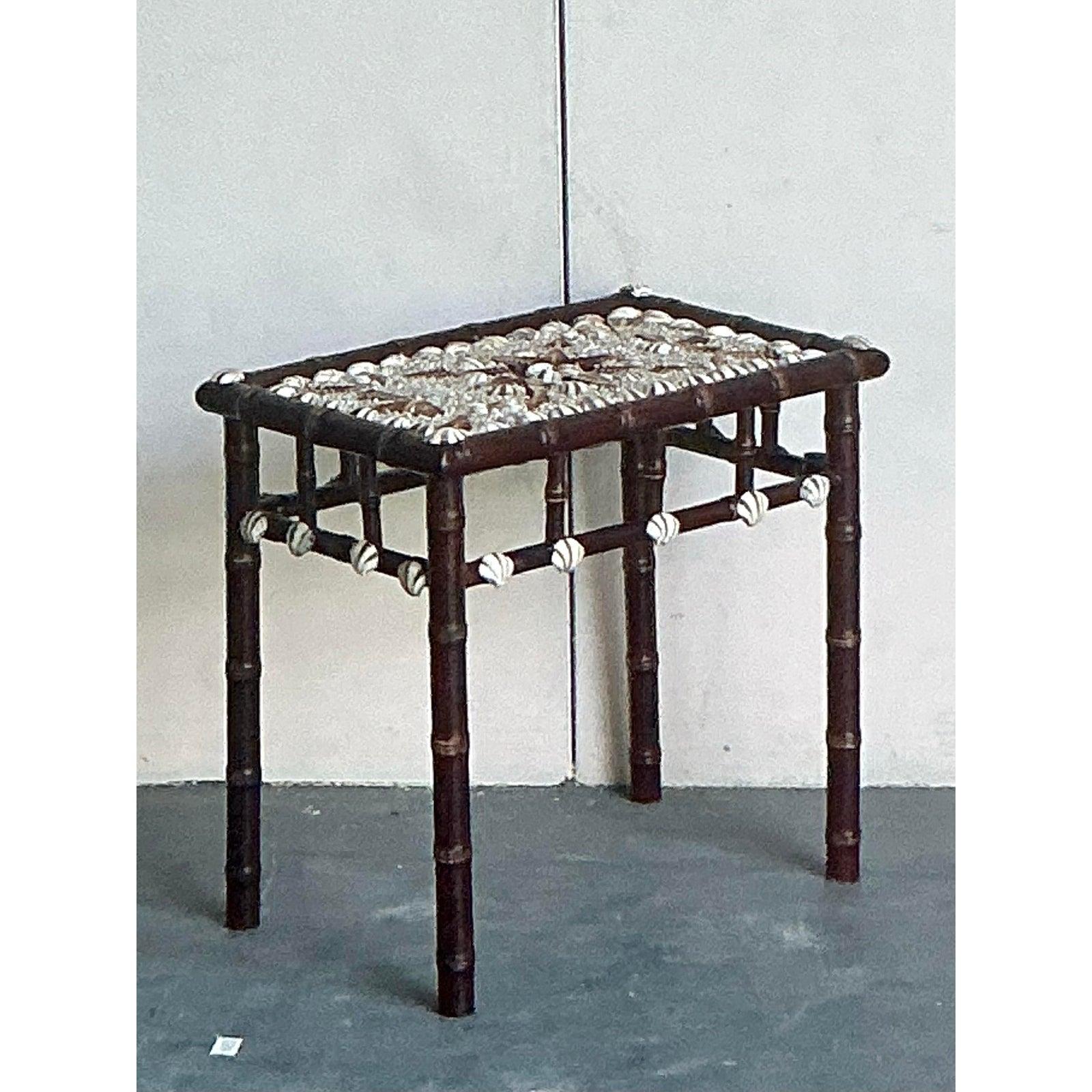 Organic Modern Vintage Coastal Shell Encrusted Side Table For Sale