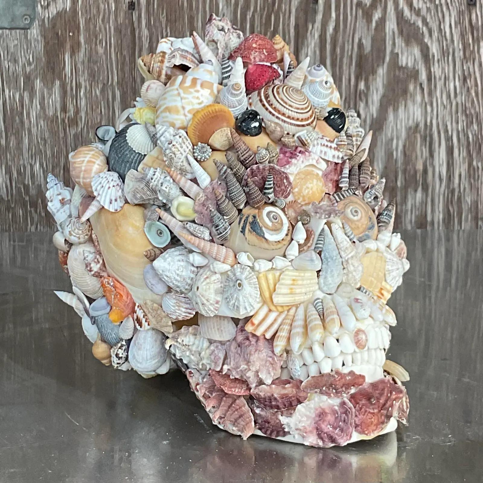 Vintage Coastal Shell Encrusted Skull In Good Condition For Sale In west palm beach, FL