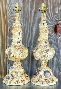 Vintage Coastal Shell Encrusted Table Lamps - a Pair
