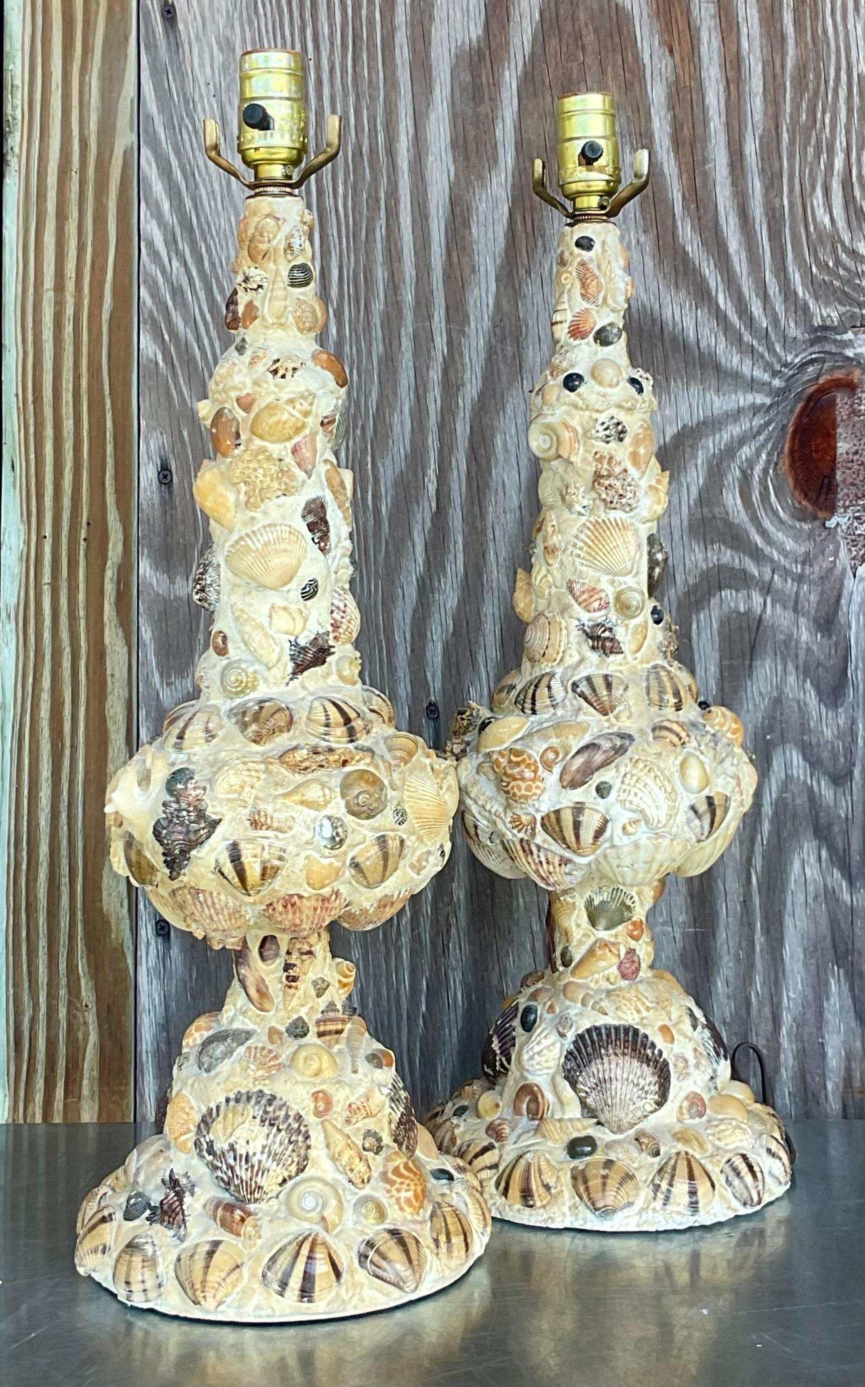 Vintage Coastal Shell Encrusted Table Lamps - a Pair In Good Condition For Sale In west palm beach, FL