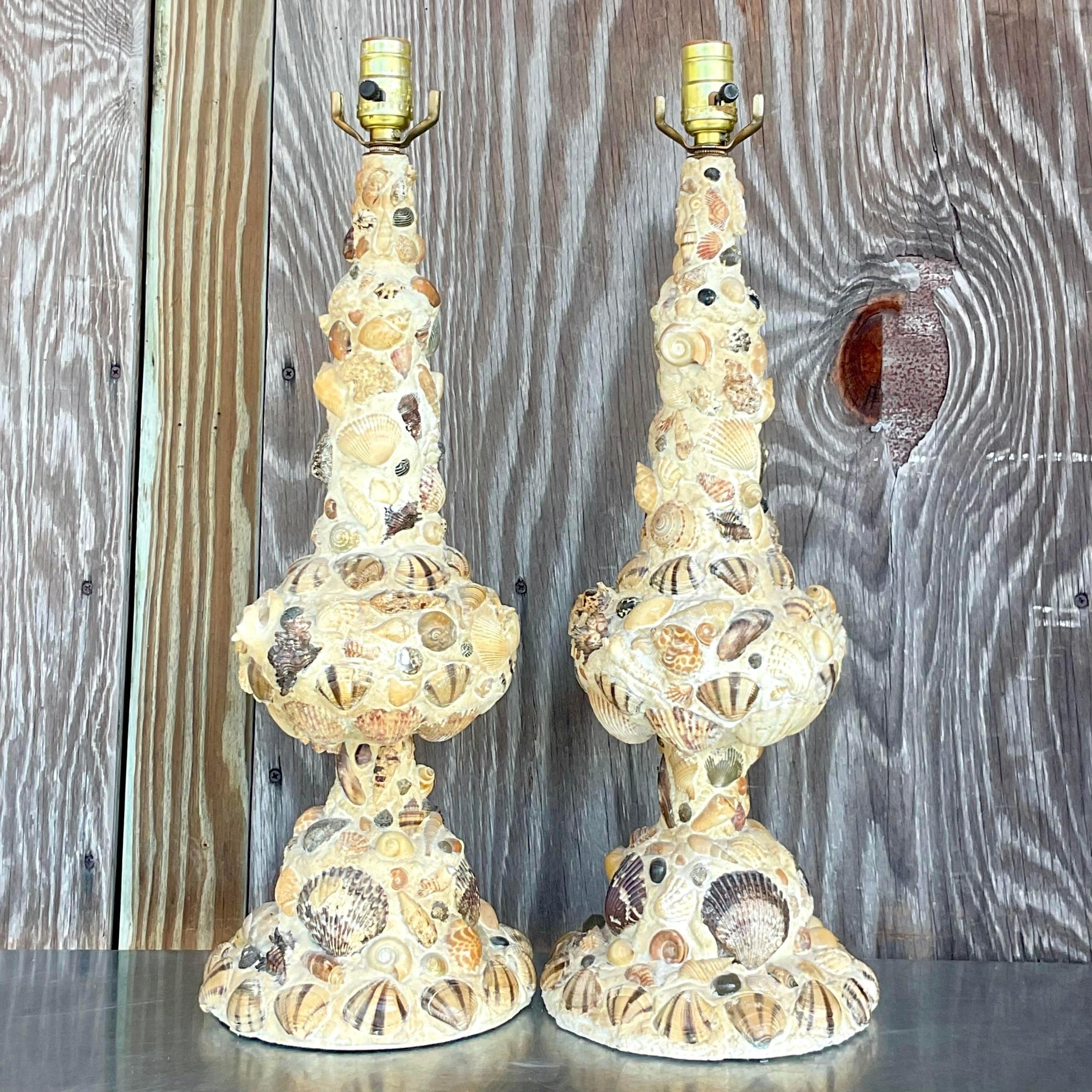 20th Century Vintage Coastal Shell Encrusted Table Lamps - a Pair For Sale