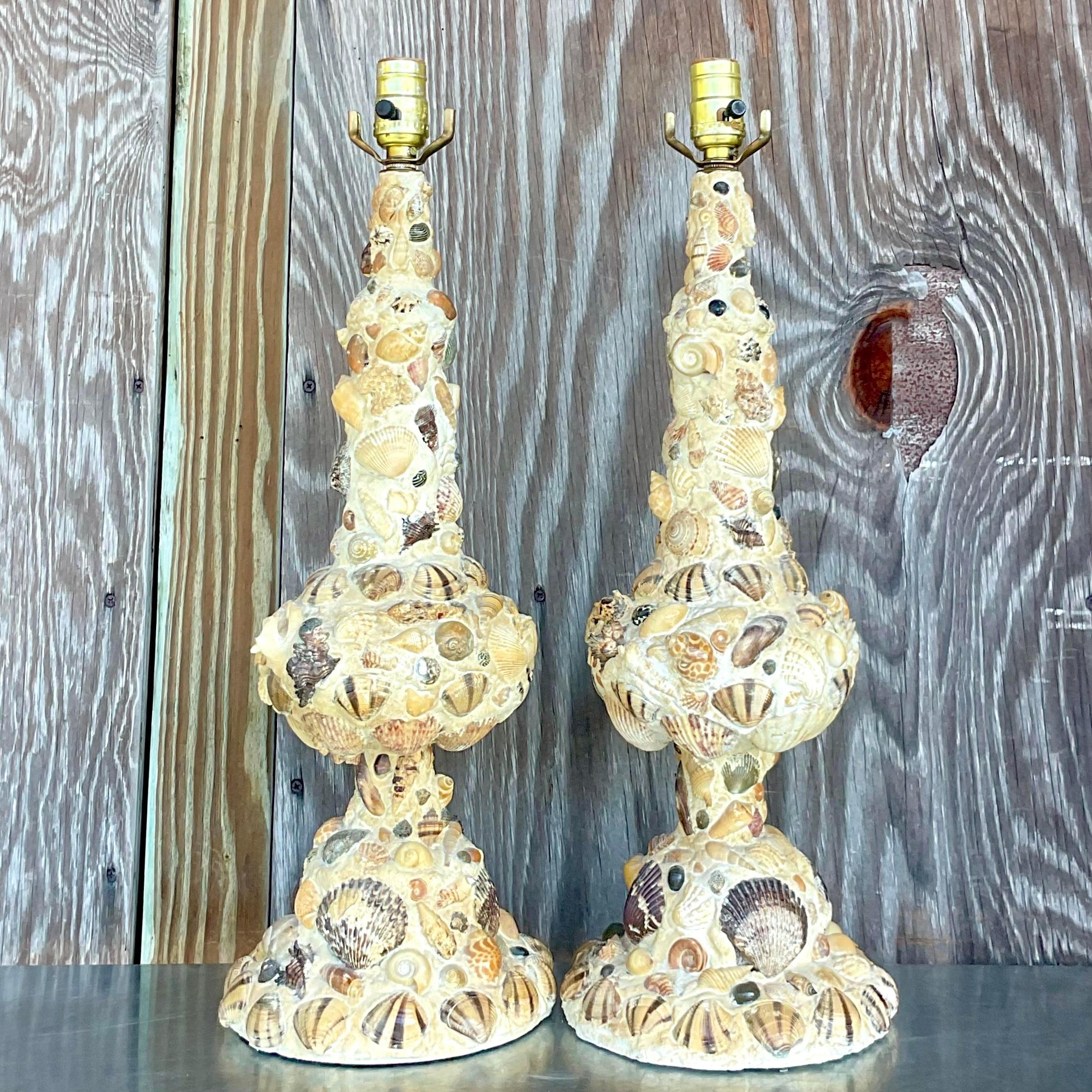 Vintage Coastal Shell Encrusted Table Lamps - a Pair For Sale 1