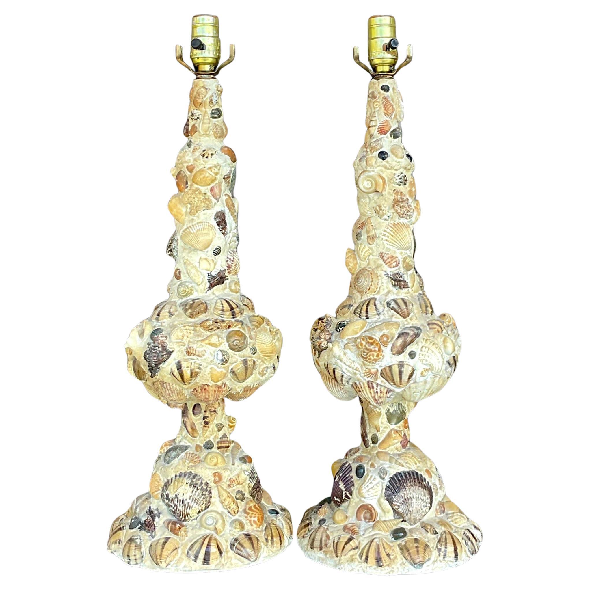 Vintage Coastal Shell Encrusted Table Lamps - a Pair For Sale