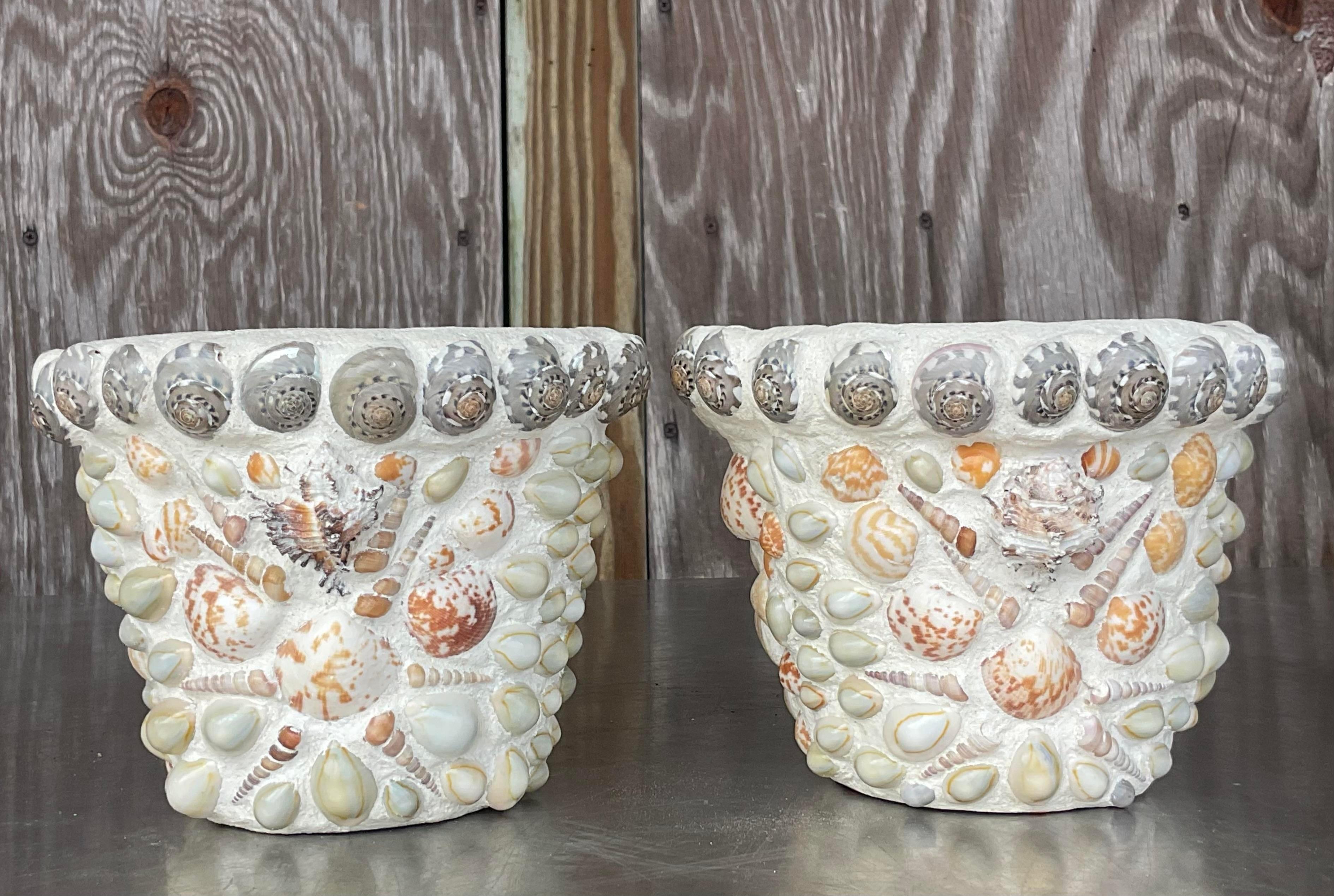 American Vintage Coastal Shell Encrusted Terra Cotta Flower Pots - a Pair