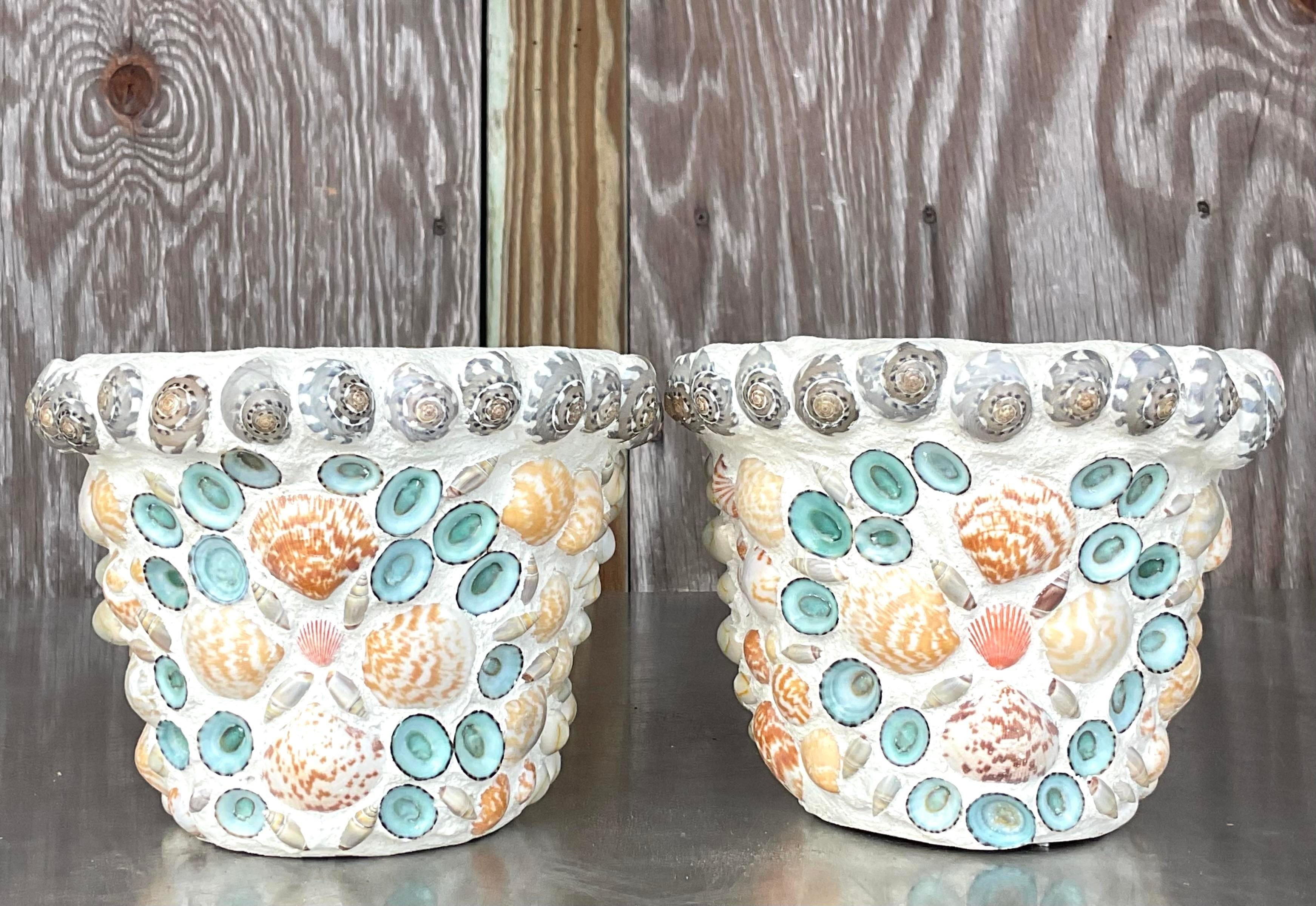 Vintage Coastal Shell Encrusted Terra Cotta Flower Pots - a Pair In Good Condition In West Palm Beach, FL