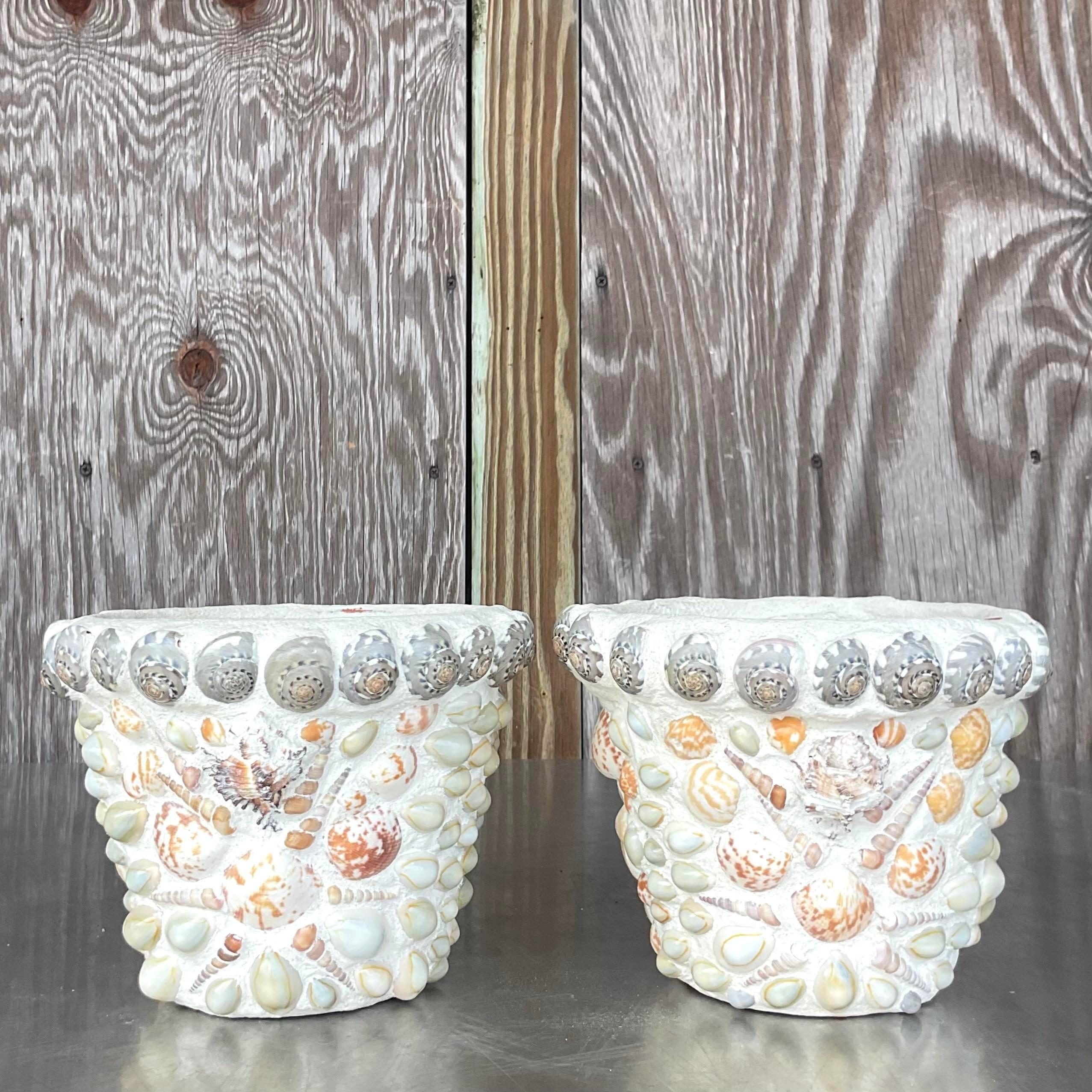 20th Century Vintage Coastal Shell Encrusted Terra Cotta Flower Pots - a Pair