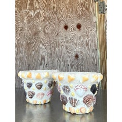Vintage Coastal Shell Encrusted Terracotta Pots - A Pair
