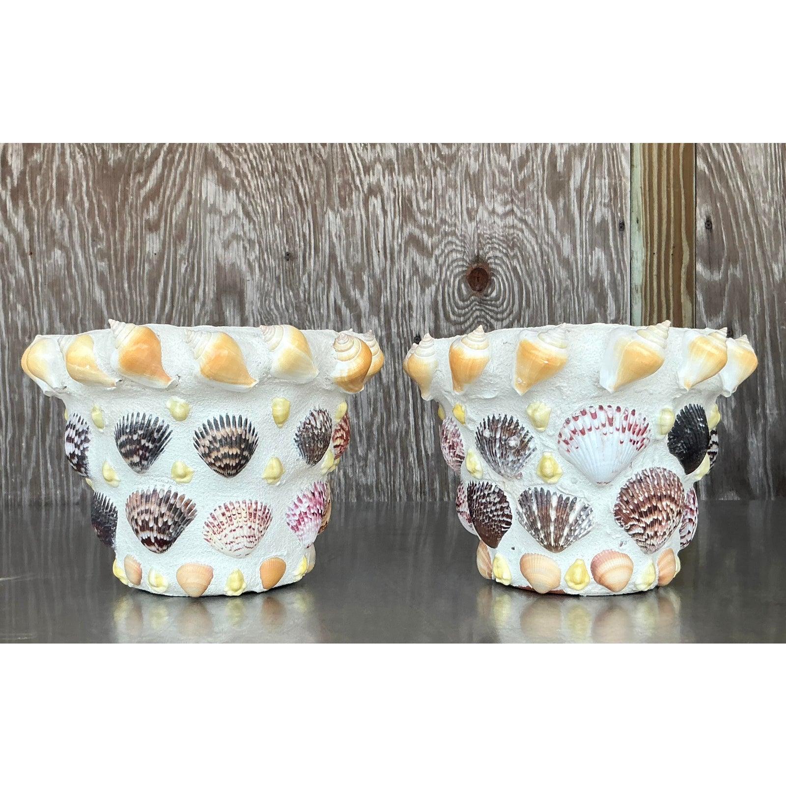 Vintage Coastal Shell Encrusted Terracotta Pots - A Pair For Sale at ...