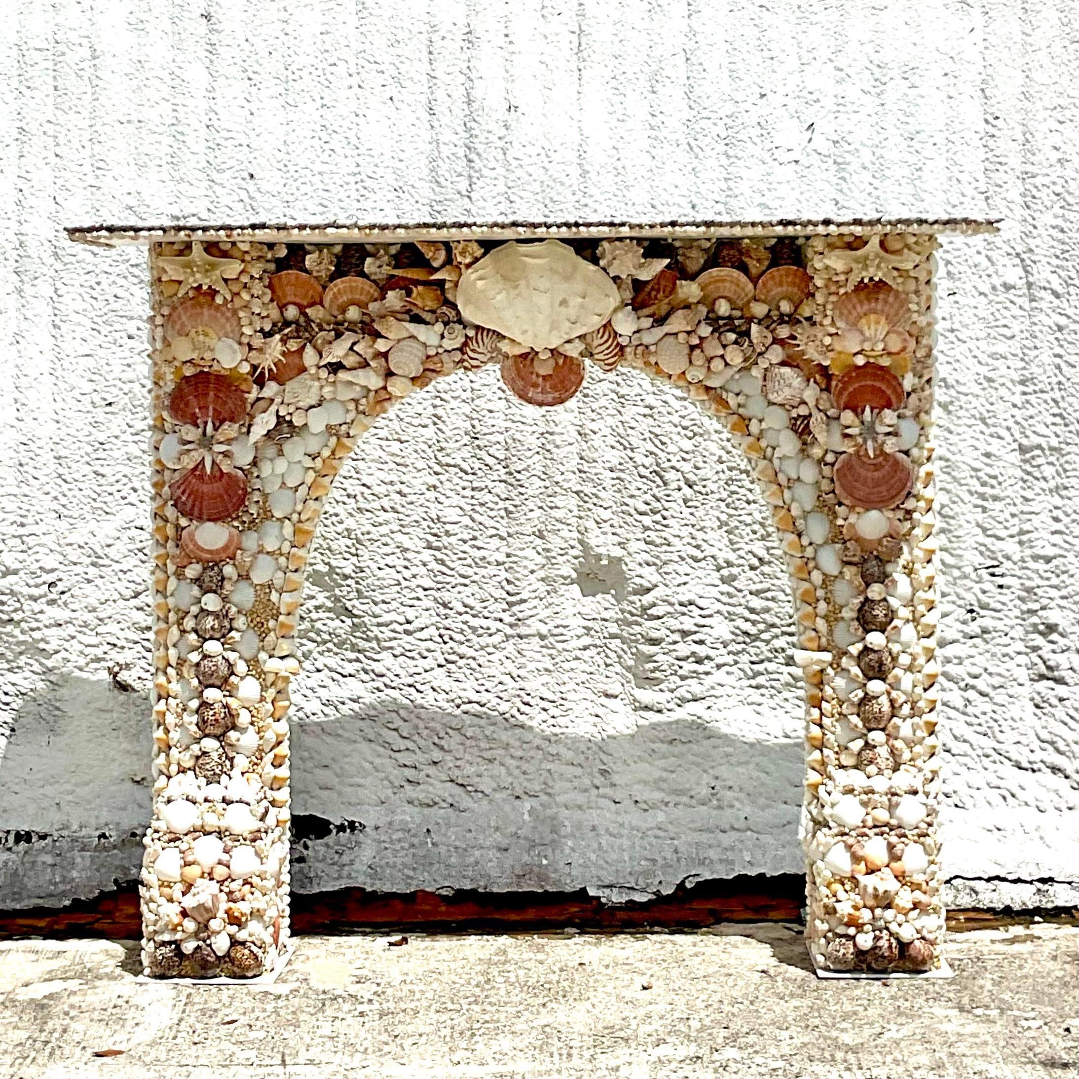 Vintage Coastal Shell Fireplace Mantel In Good Condition In west palm beach, FL