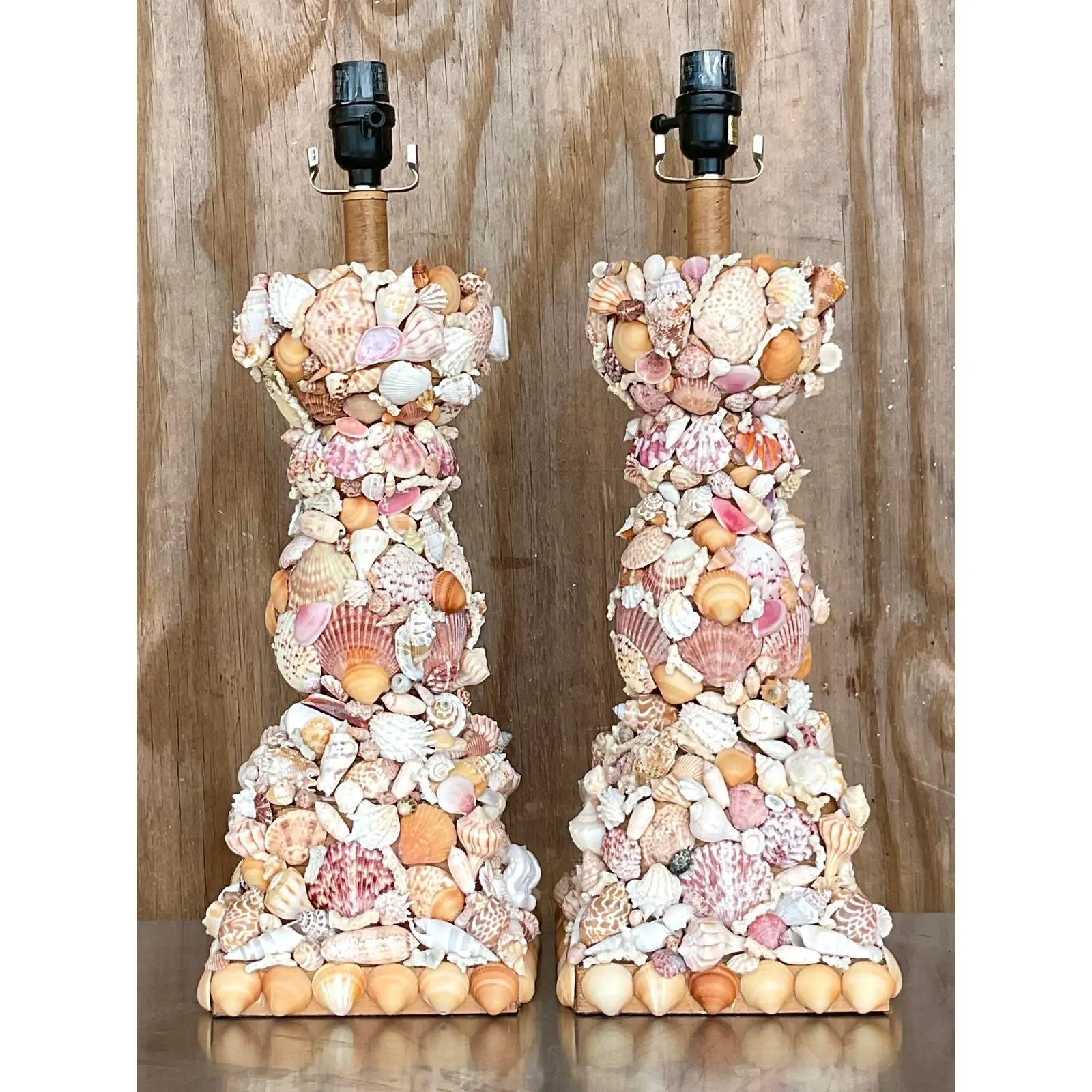 Vintage Coastal Shell Table Lamps - a Pair In Good Condition In west palm beach, FL